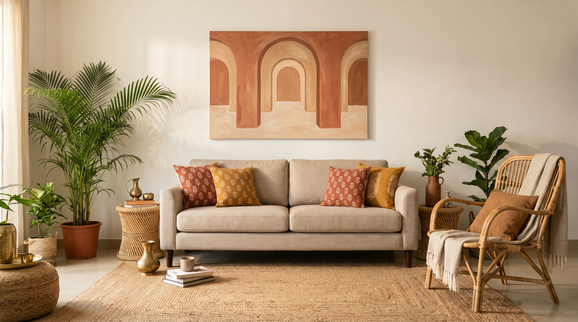 Terracotta arch canvas above a beige sofa with rust cushions, rattan chairs and a jute rug in a sunlit earthy boho living room