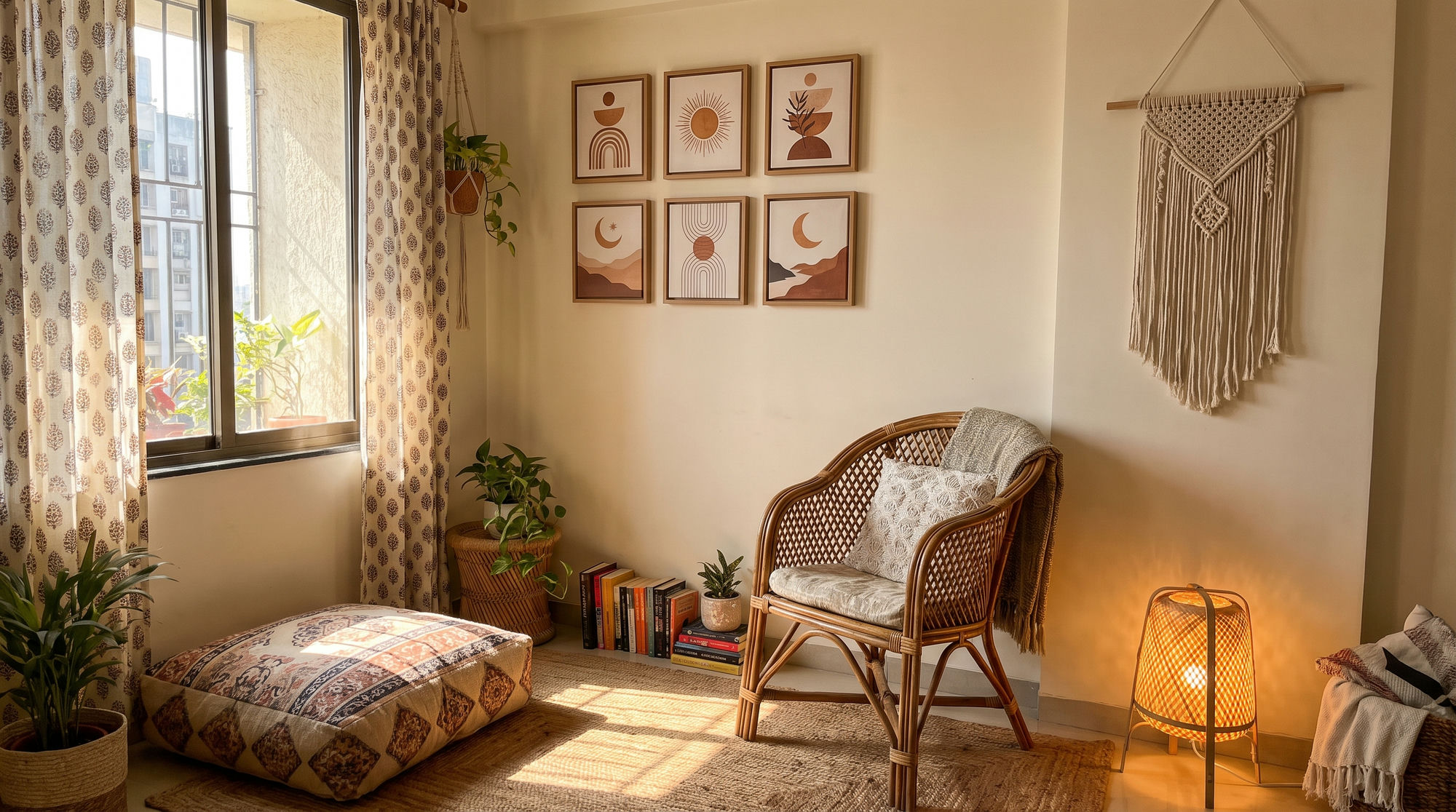 Six small earth-tone framed prints above a rattan armchair with a cream cotton macramé wall hanging and a floor cushion in a reading nook