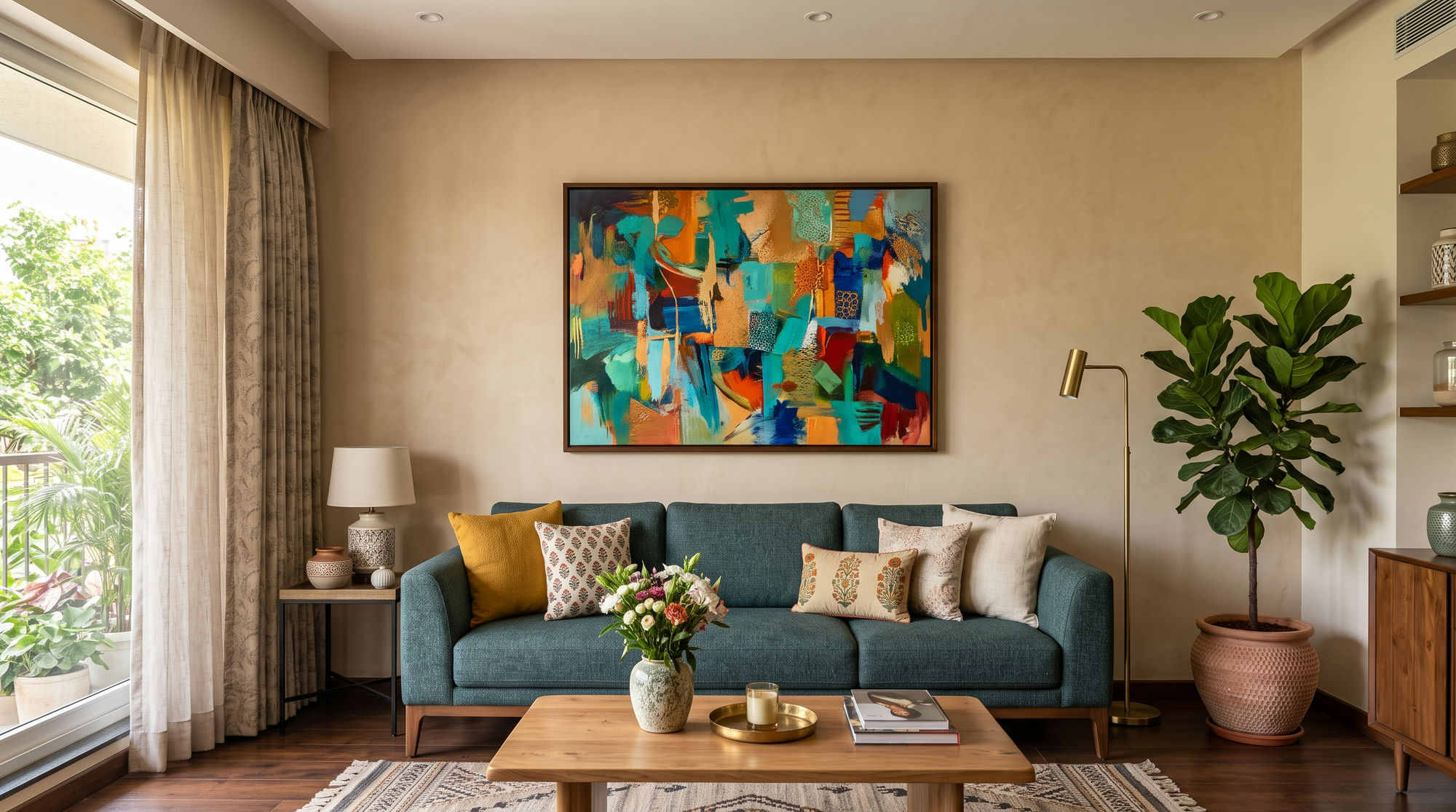 Large framed abstract canvas above a teal sofa in a bright, plant-filled Indian living room