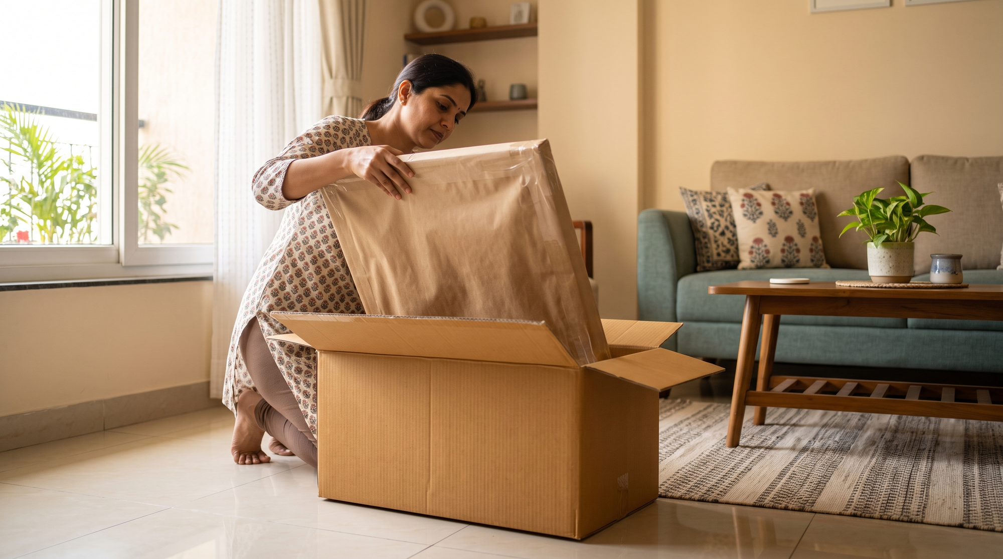A woman opening the protective packaging of a canvas print in a bright living room