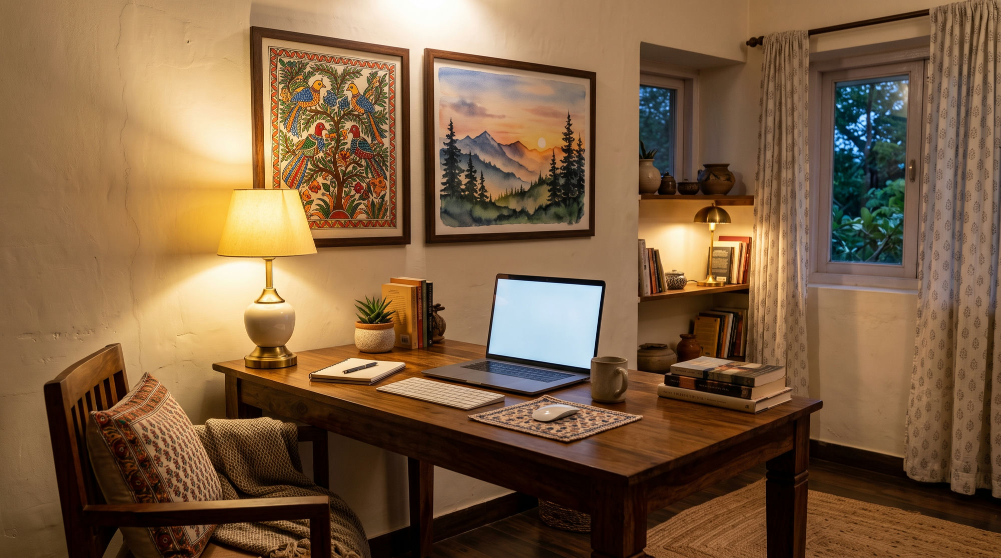 A warm home office with a framed canvas above a wooden desk and a lamp