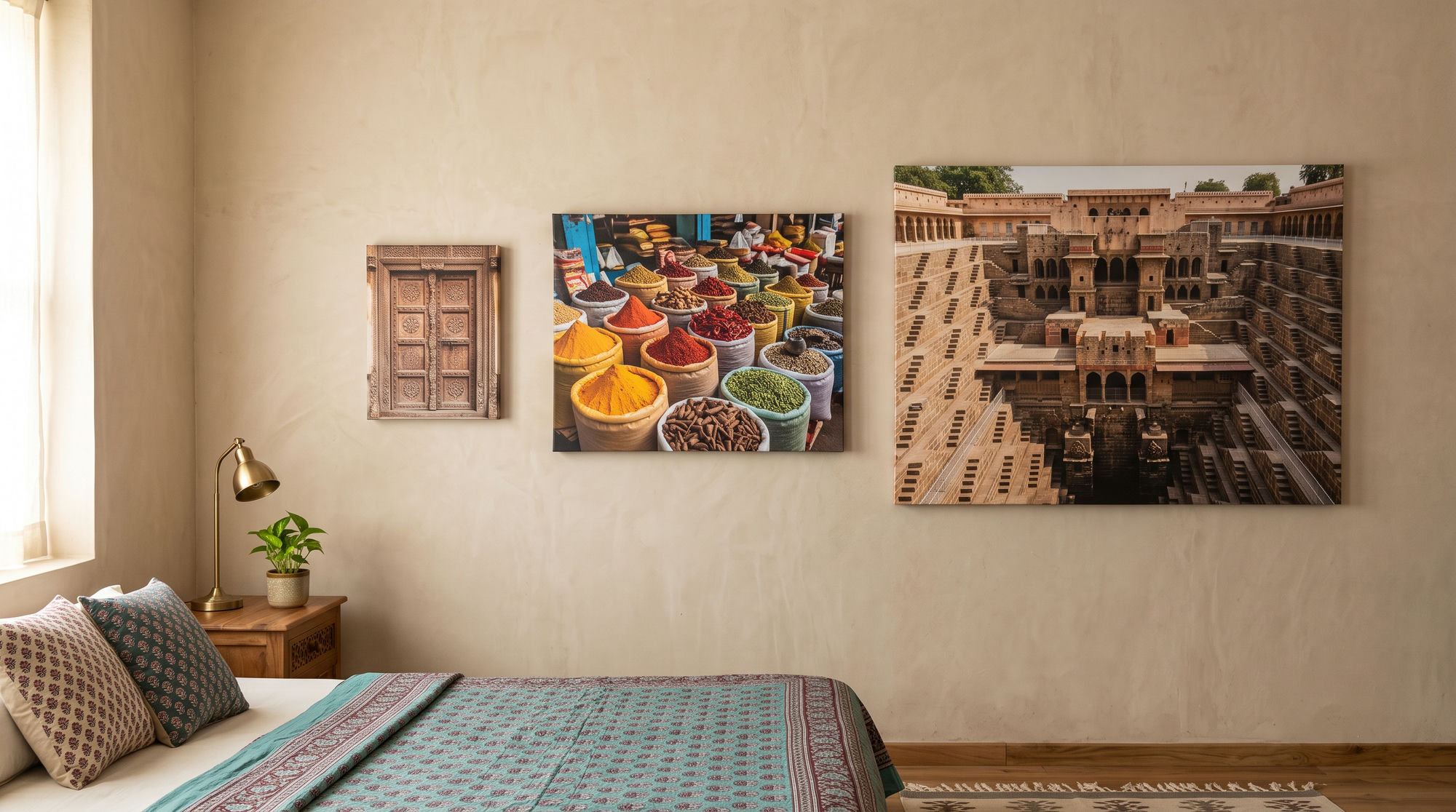 Three canvas prints in different sizes on a bedroom wall