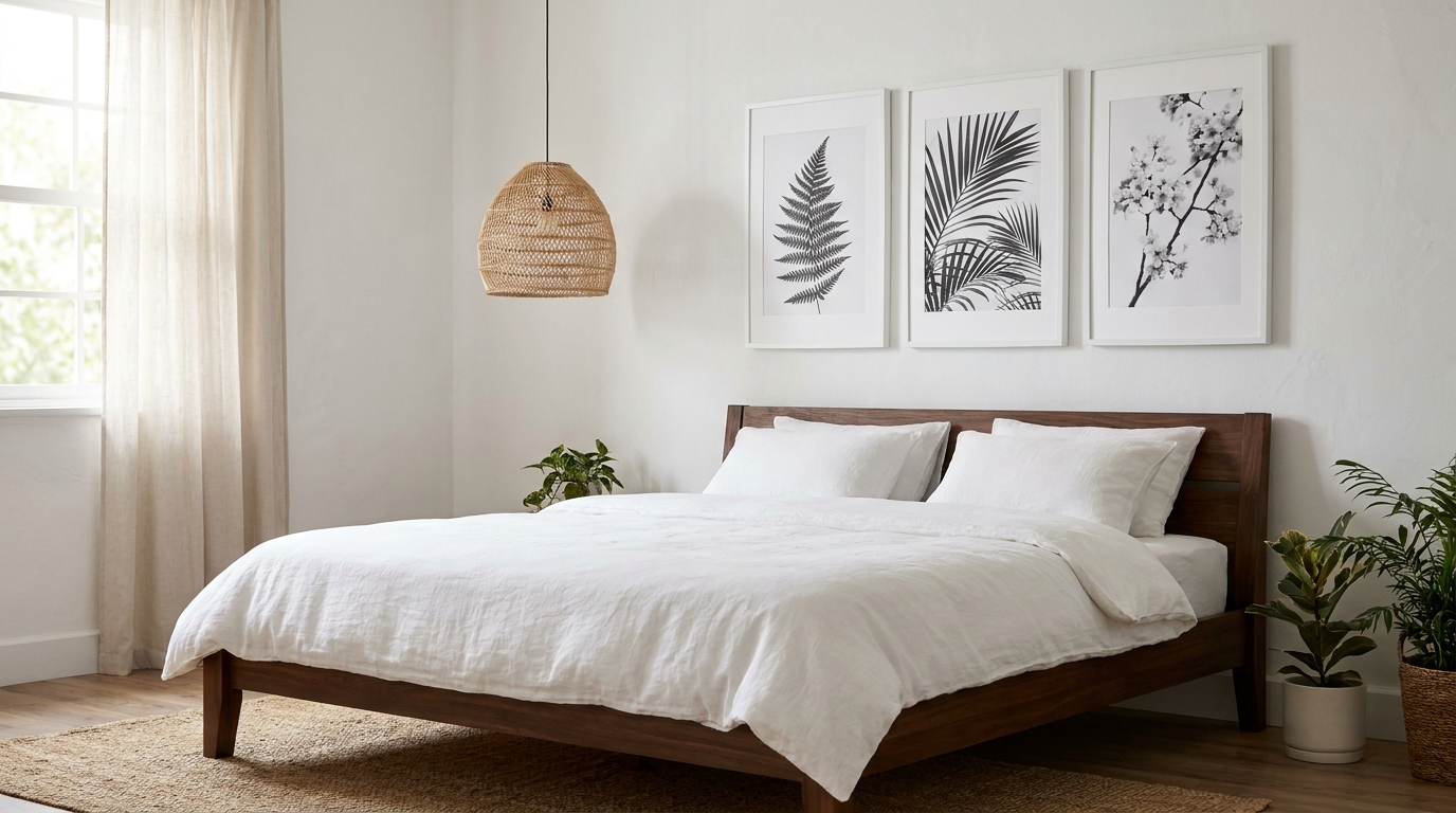 Three framed black and white botanical prints above a wooden bed on a crisp white bedroom wall