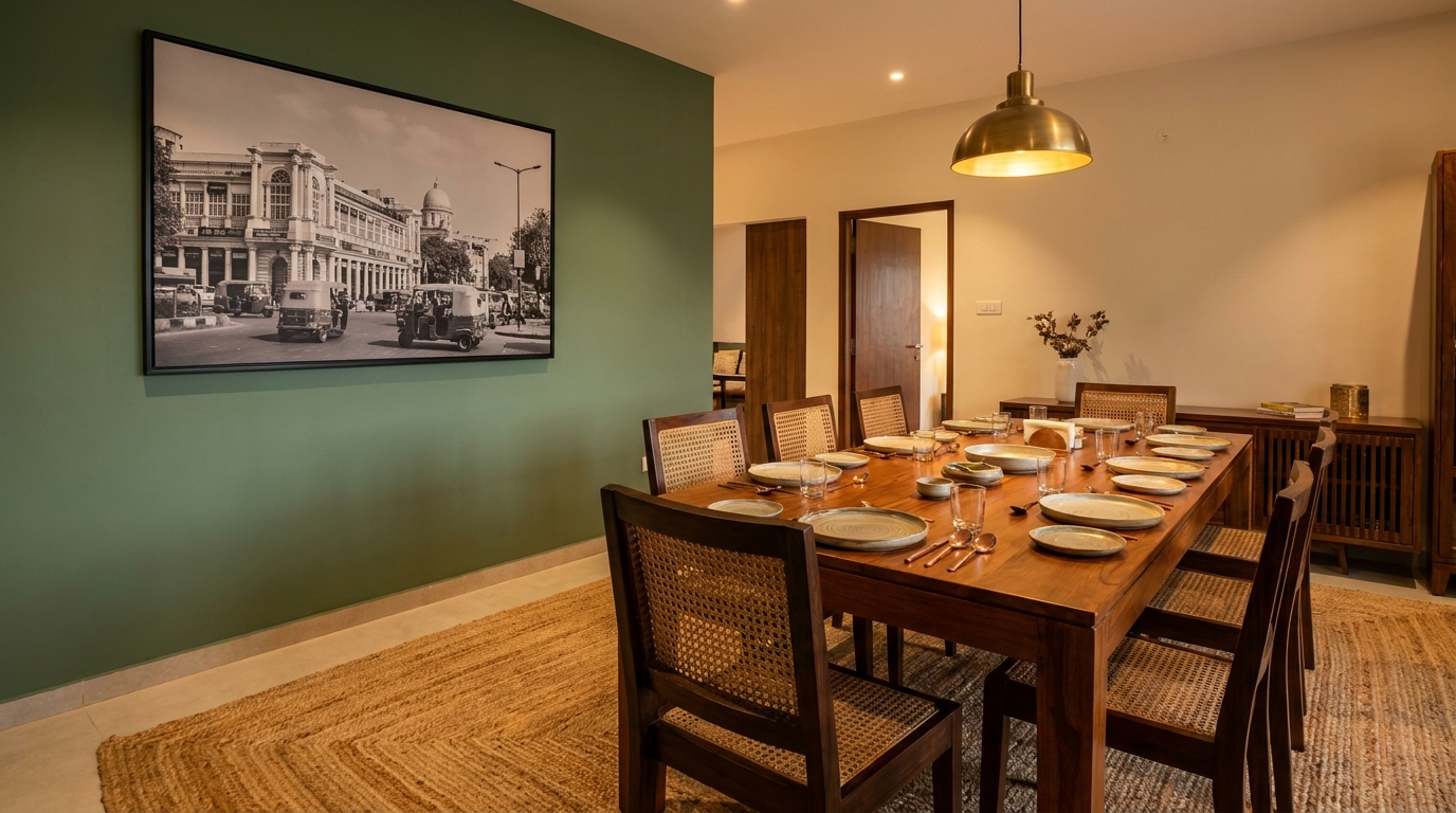 Framed black and white cityscape above a dining table on a sage green wall with terracotta accents