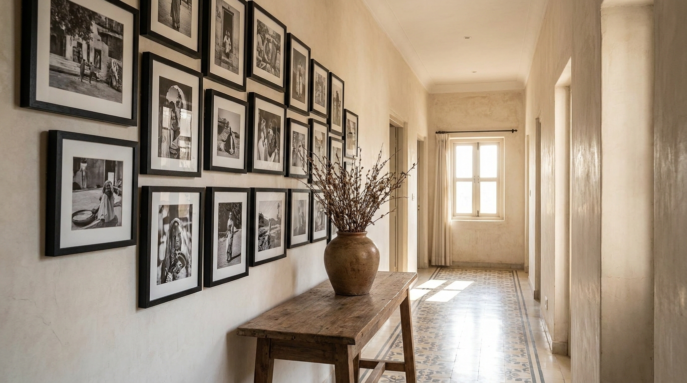 Gallery wall of black and white framed photographs along a warm beige hallway with a wooden bench