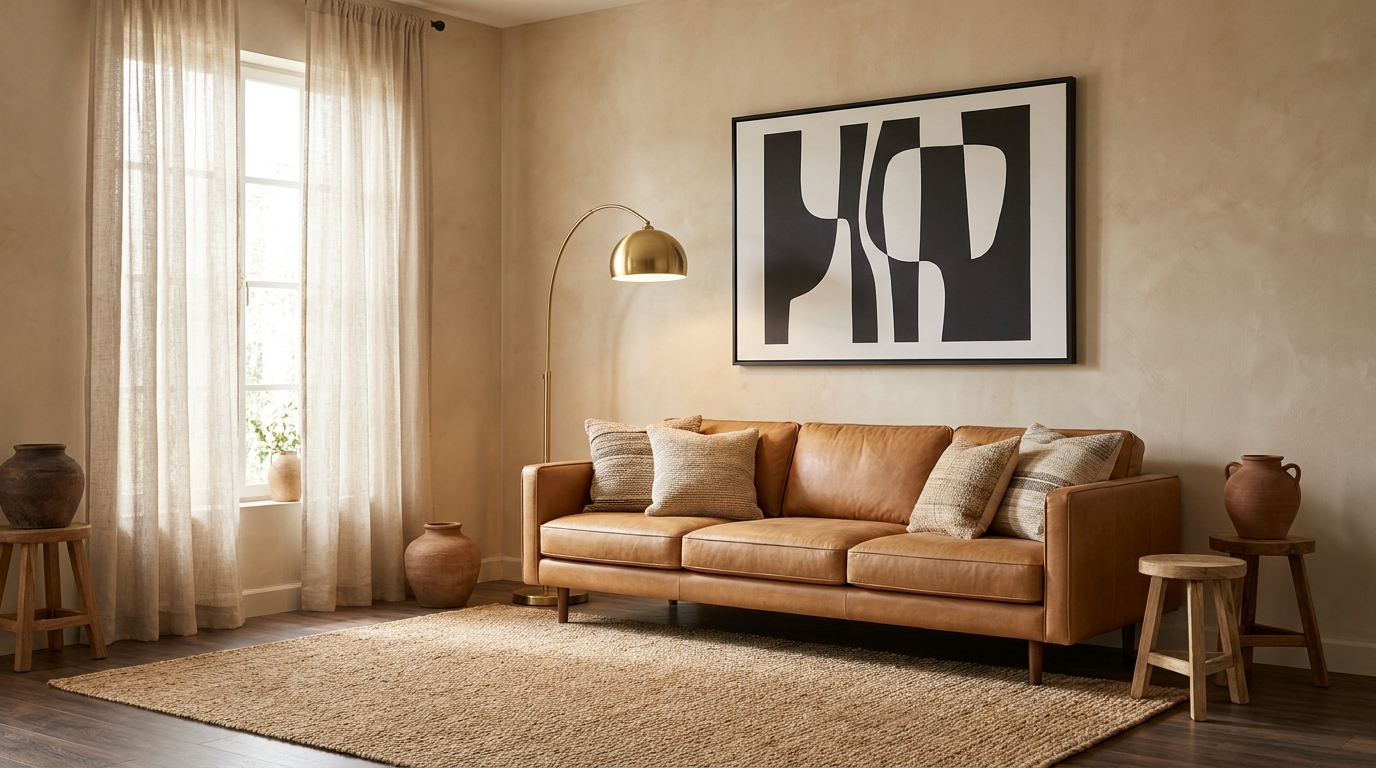 Framed black and white abstract print above a tan leather sofa on a warm beige living room wall