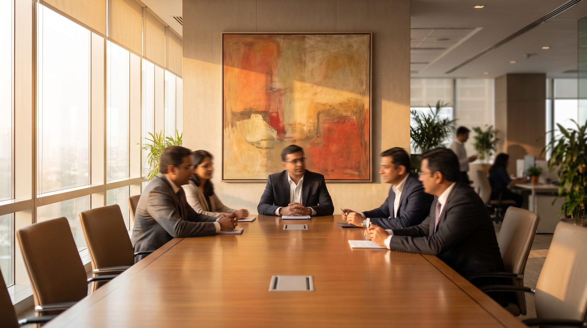 Large warm abstract canvas behind a corporate boardroom table during a team meeting