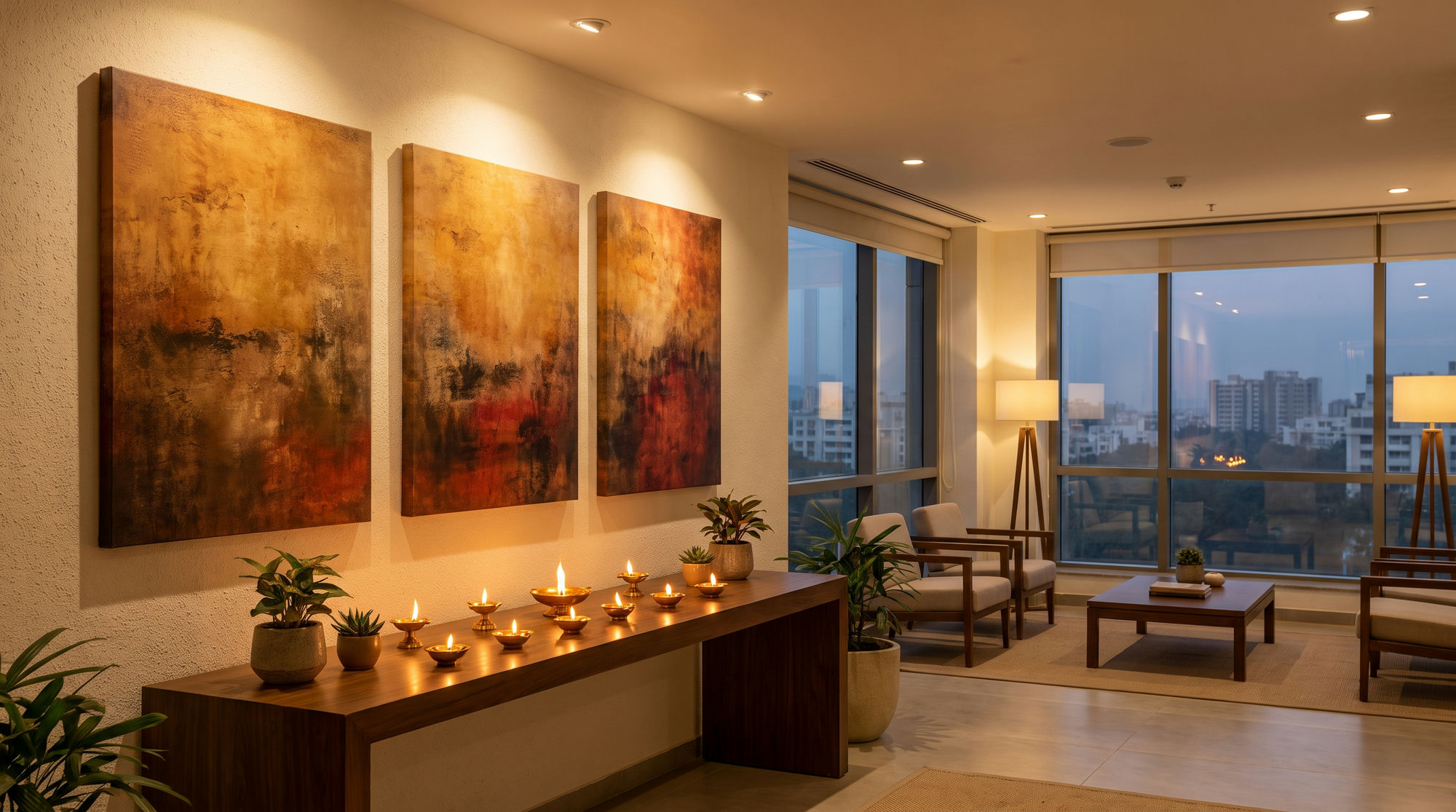 Three large warm abstract canvases on a lobby wall above a console lit with diyas in a modern office reception