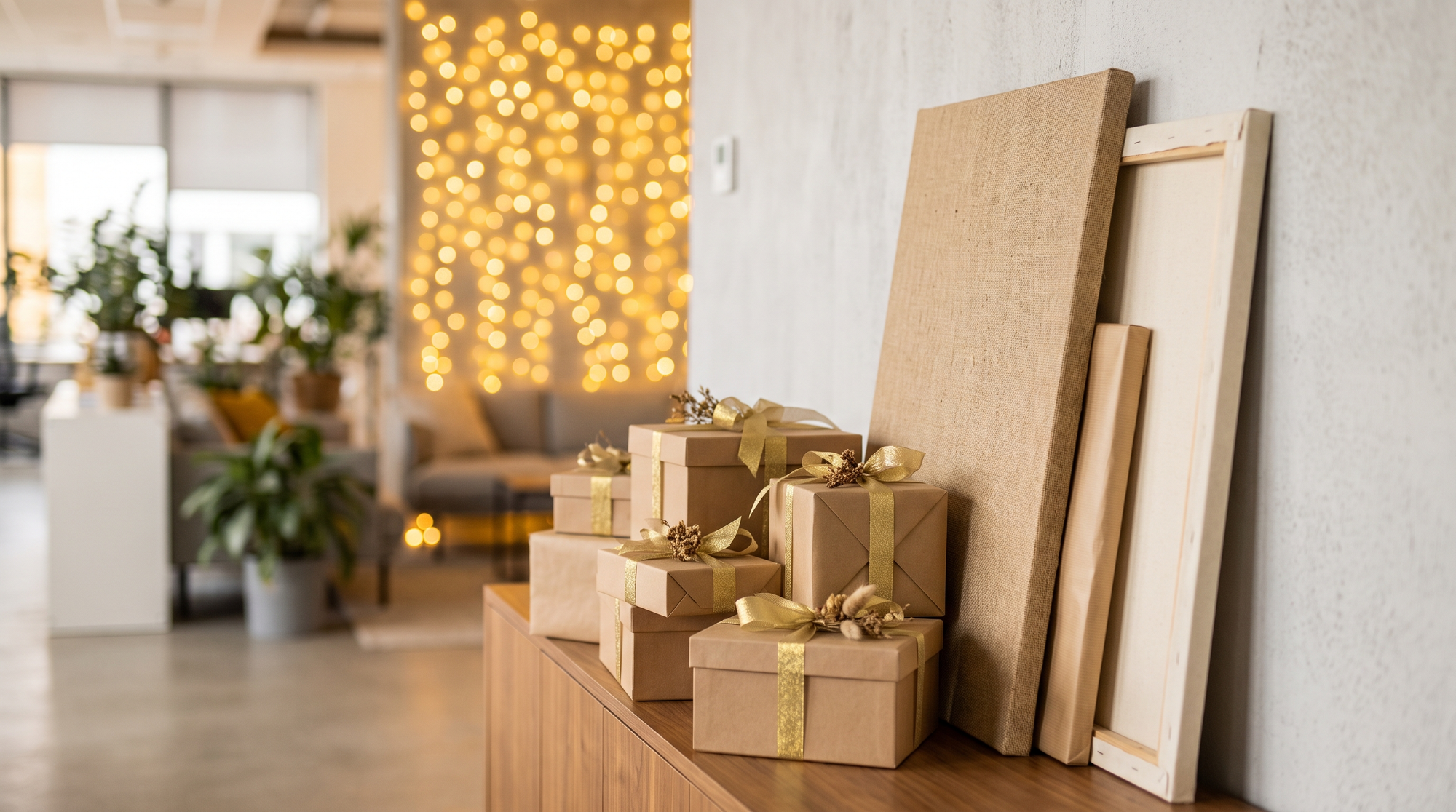 Kraft gift boxes with gold ribbon beside wrapped canvas prints ready for corporate Diwali gifting