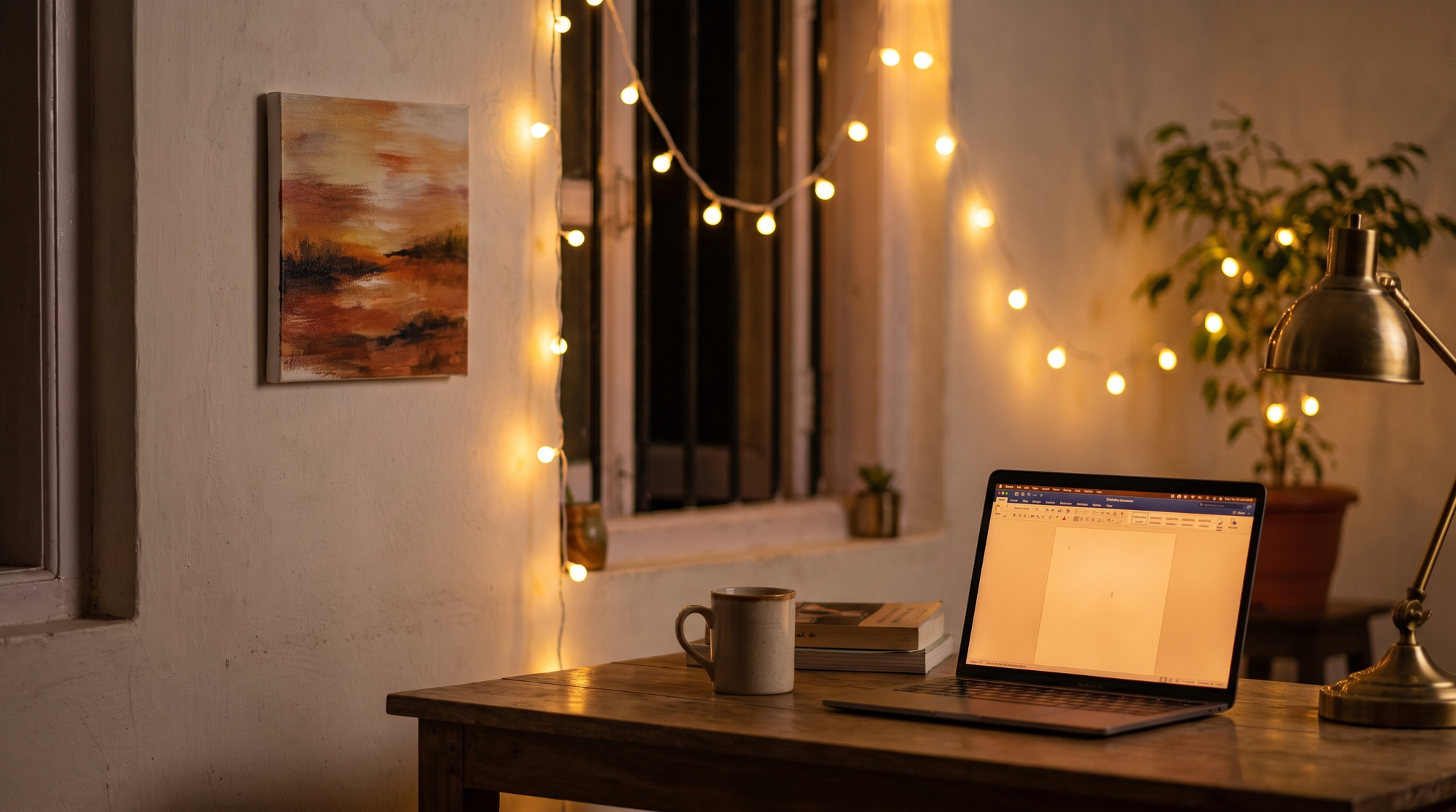 Warm home office with a small canvas above a desk lit by fairy lights, showing a delivered canvas in place