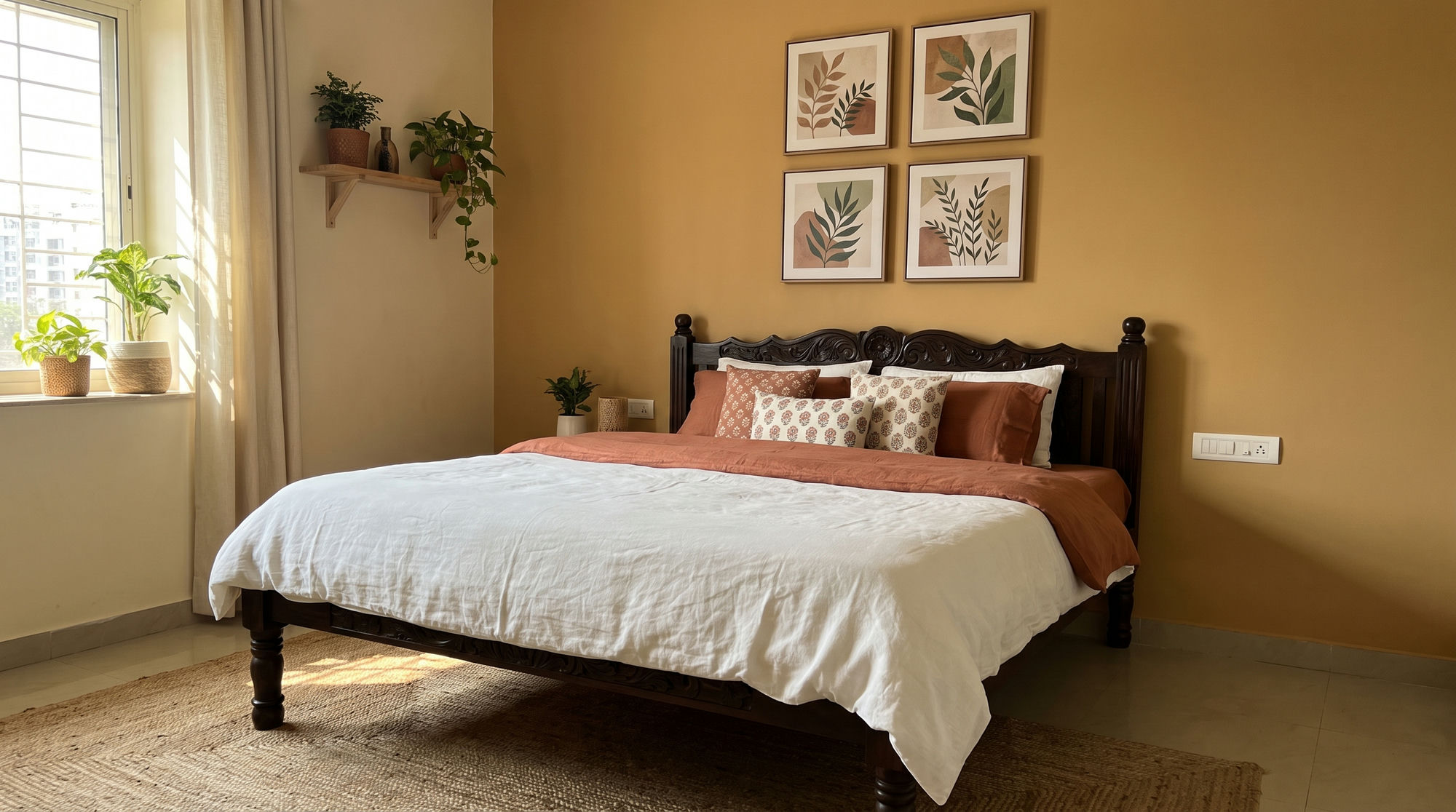 Four botanical prints in a grid above a wooden bed in a warm mustard bedroom