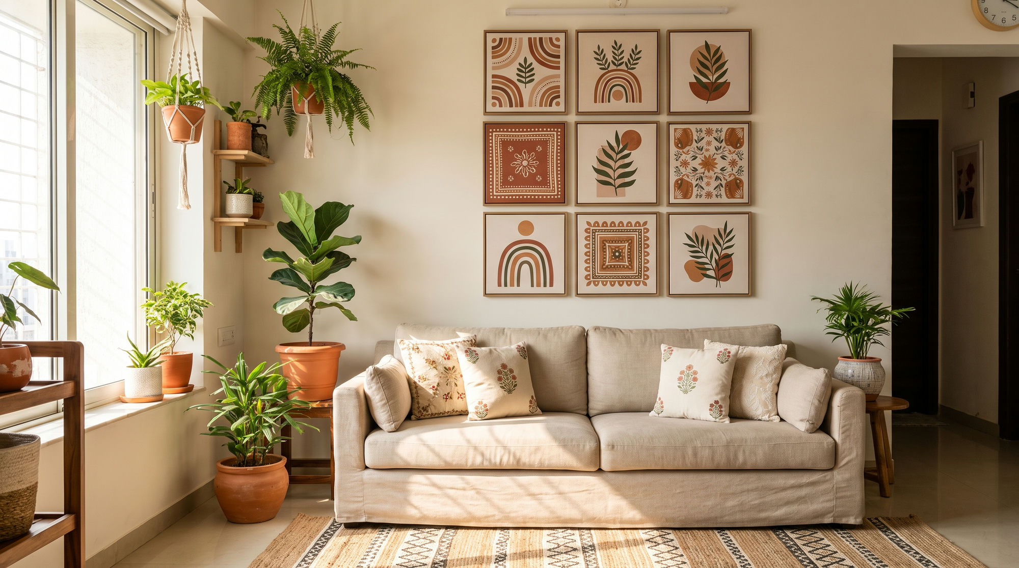 Colourful gallery wall of mixed canvas prints above a sofa and armchairs in a warm Indian living room
