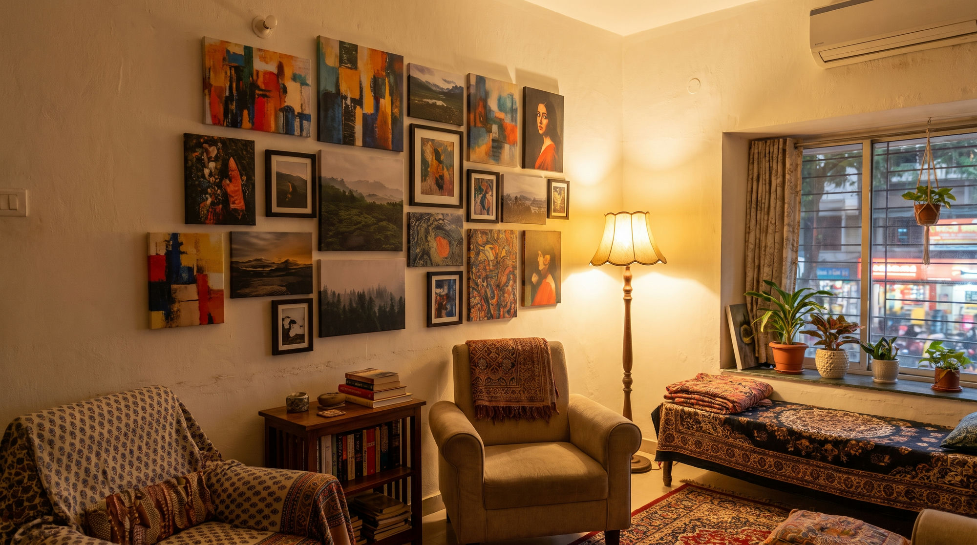 Salon-style gallery wall of nine square botanical prints above a beige sofa with plants