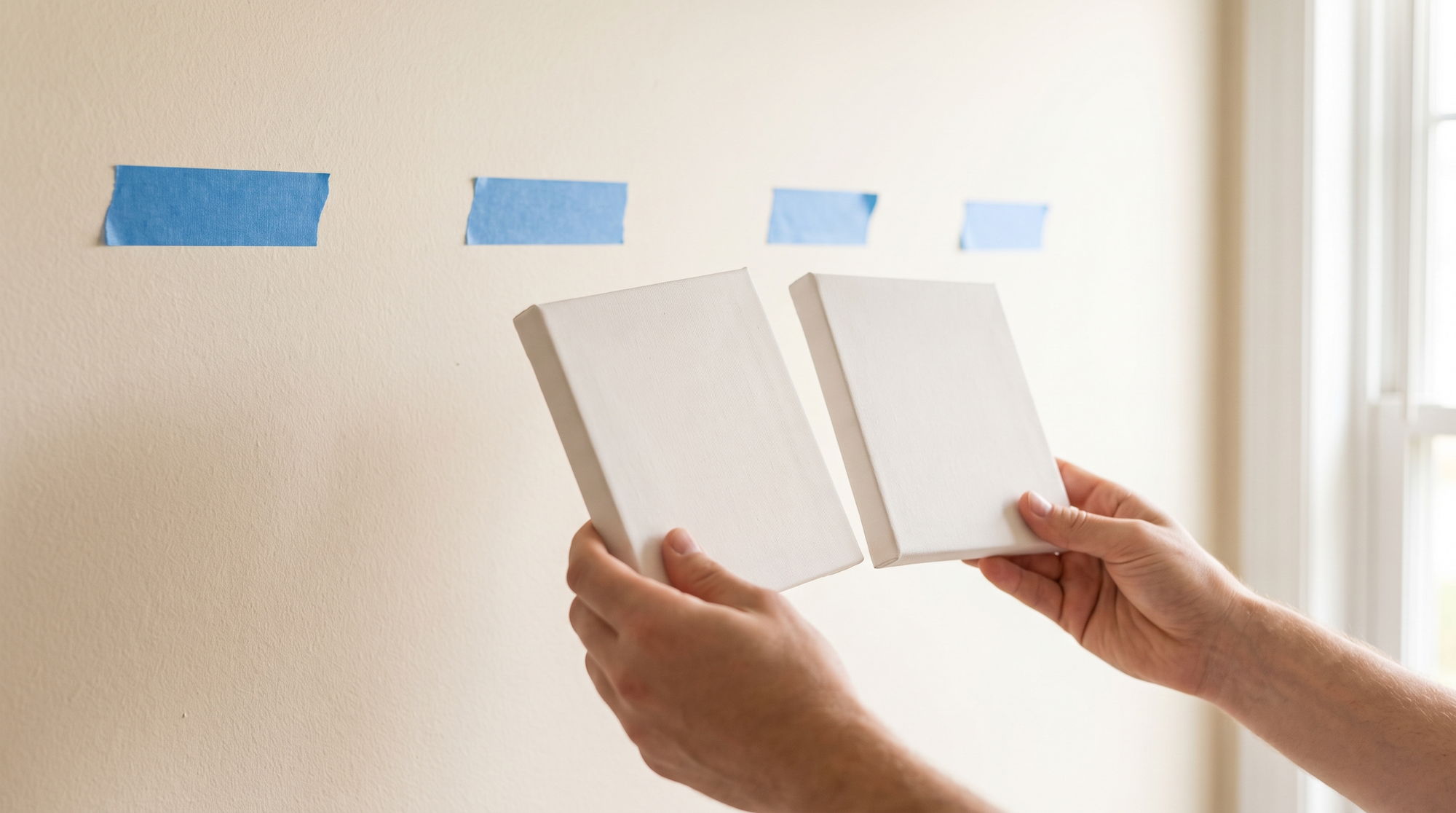 Hands holding two blank canvases beside painter’s tape markers on a wall while planning a gallery wall layout