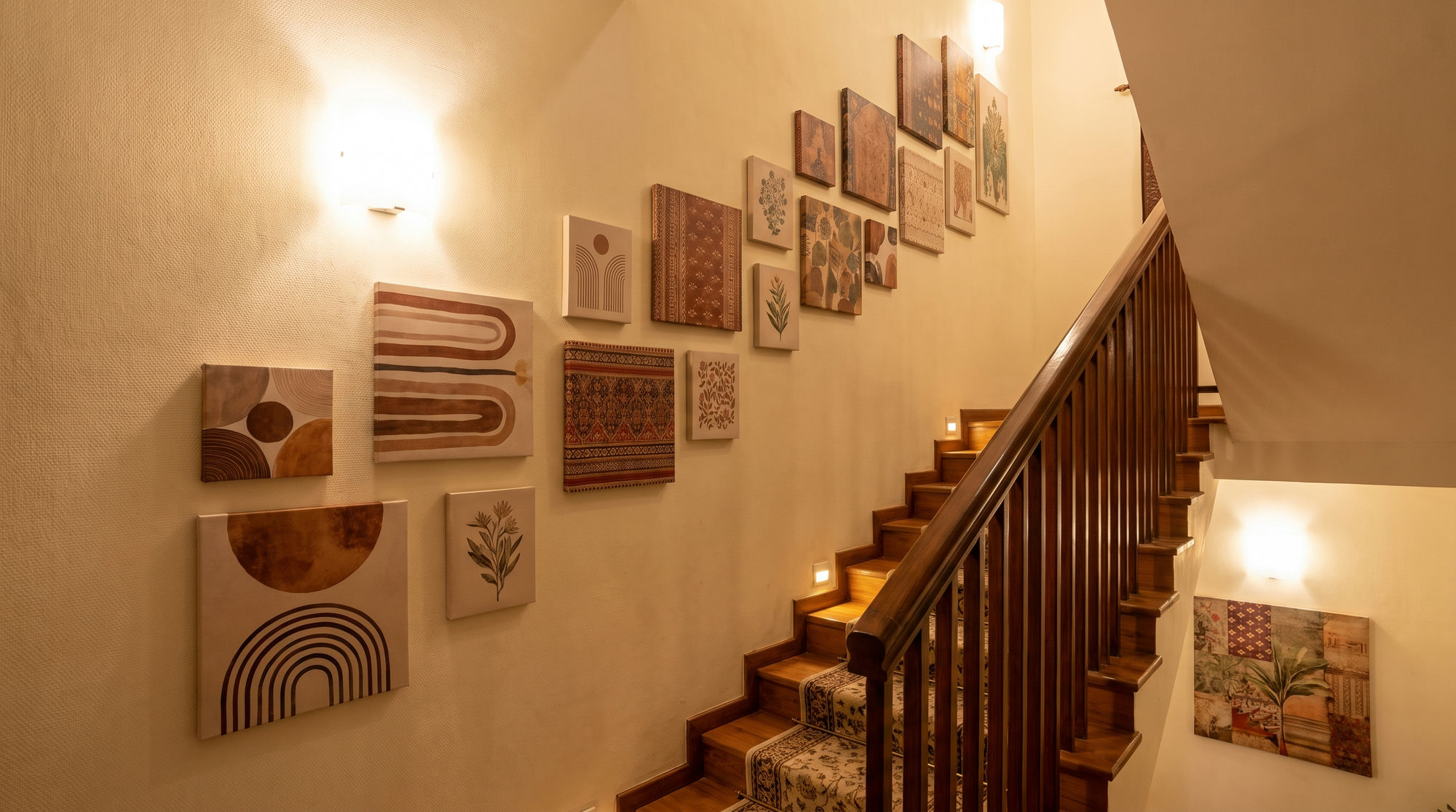 Canvases hung in a rising diagonal along a wooden staircase wall