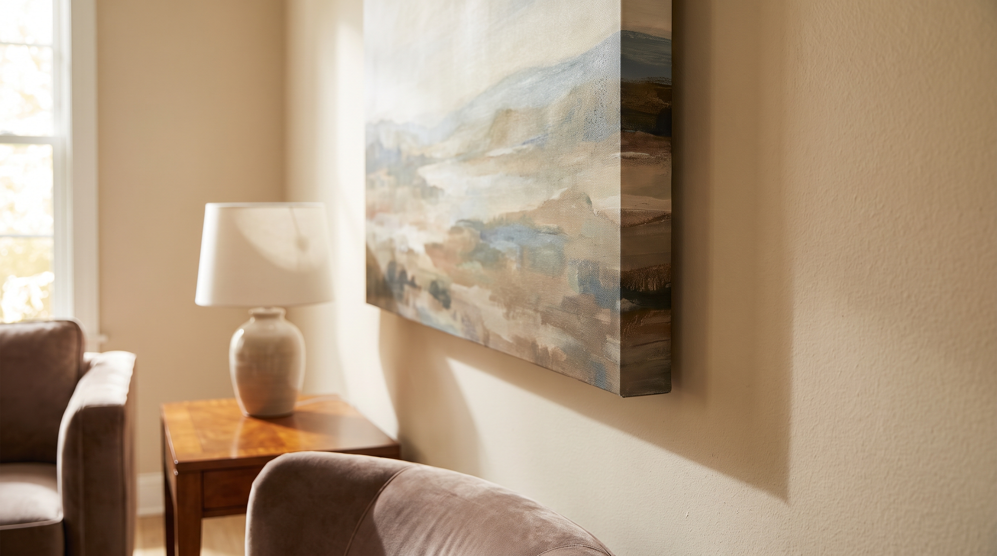 Gallery-wrapped canvas print showing the artwork wrapping around its thick edge on a living room wall