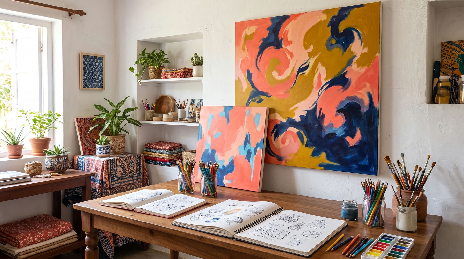 Bold coral, navy and gold abstract canvas on an easel in an artist studio with brushes and plants around a wooden desk