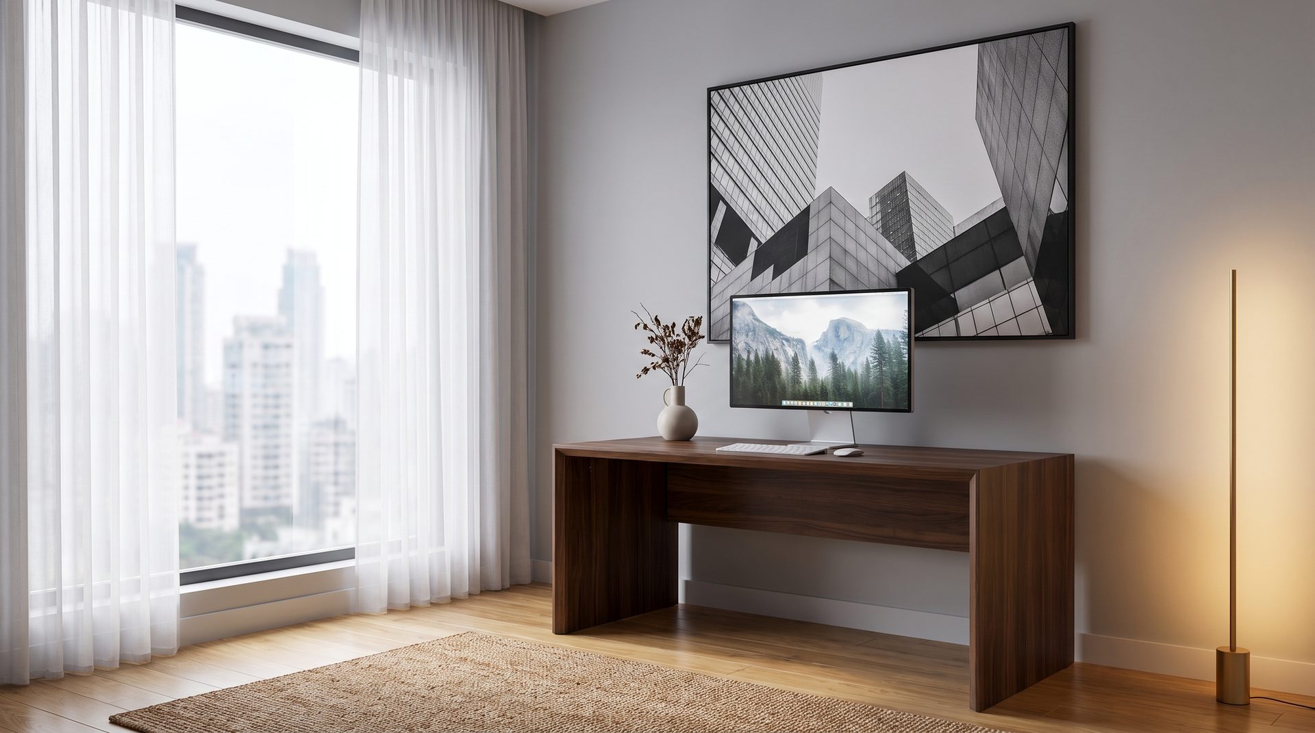 Black and white architectural skyscraper canvas behind a walnut desk and monitor in a minimal executive home office