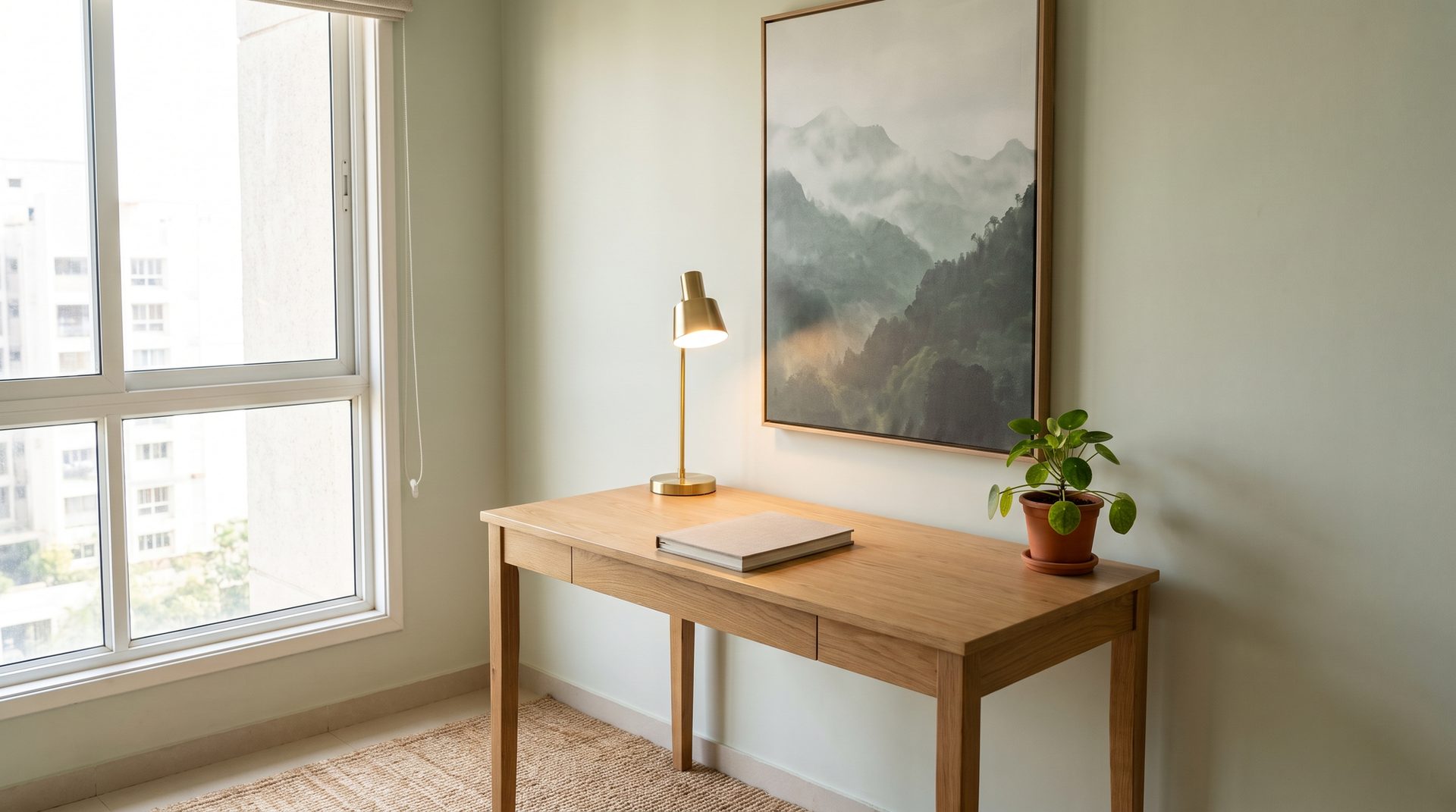 Misty mountain landscape print above a light oak desk and brass lamp on a sage green home office wall