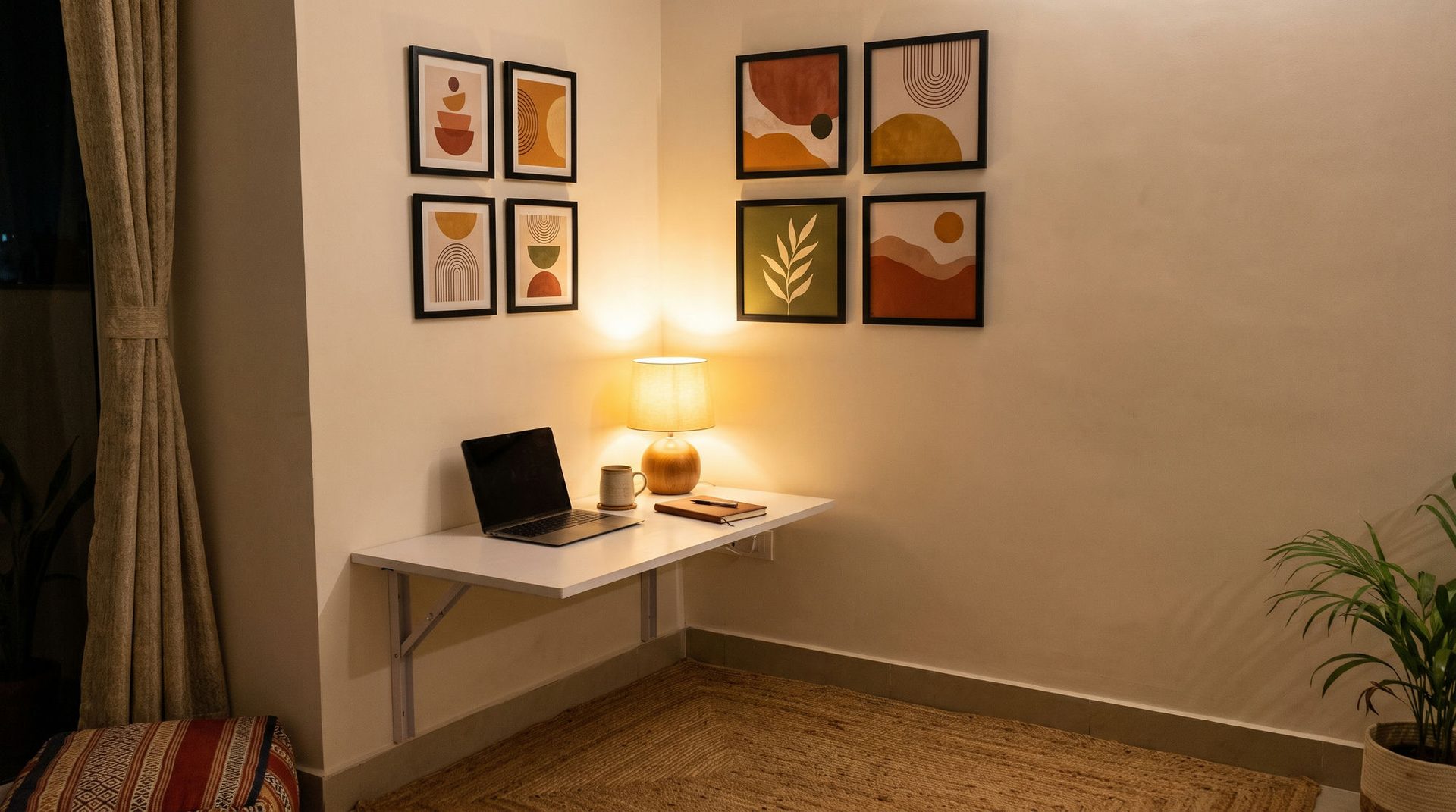 Six small black-framed abstract and botanical prints in a grid above a compact corner desk with a warm lamp