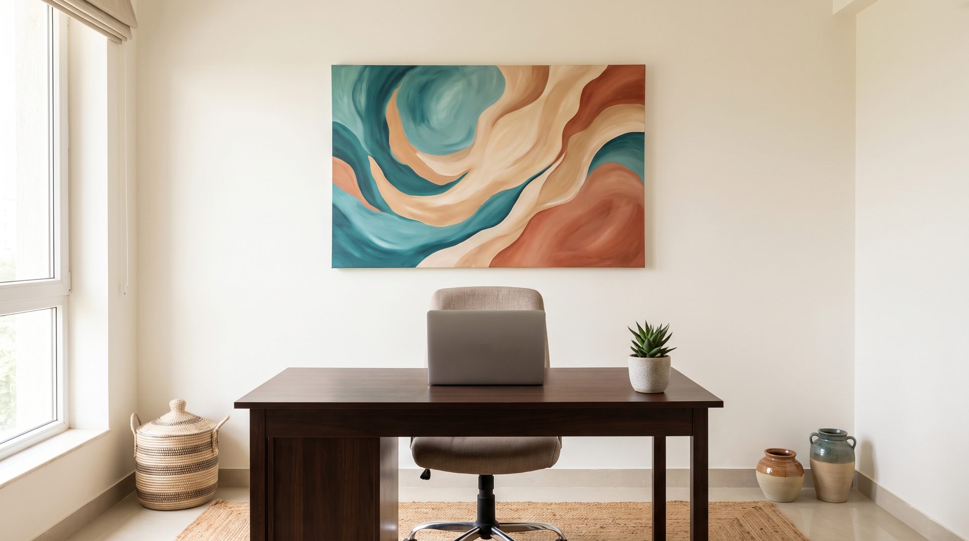 Large teal, clay and cream abstract canvas above a dark wood desk in a bright home office set up as a video-call backdrop
