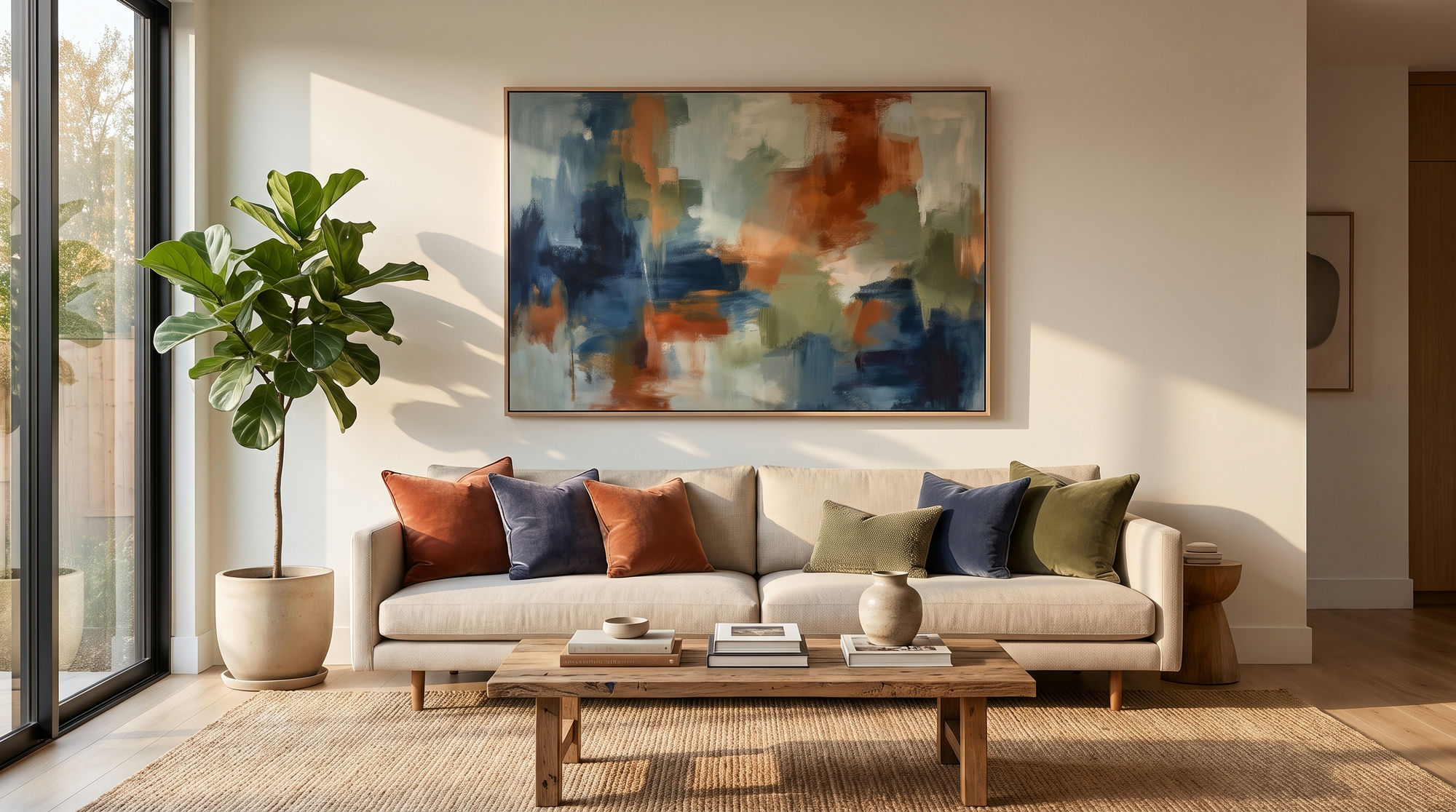Large abstract canvas perfectly scaled above a living room sofa with cushions matching its colours