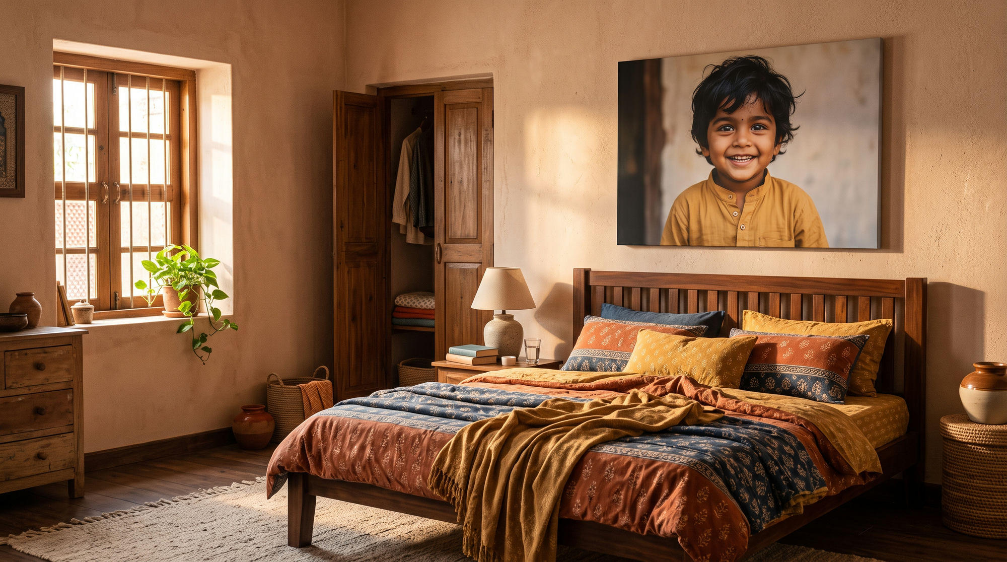 Large portrait canvas of a smiling child above a wooden bed in a warm bedroom