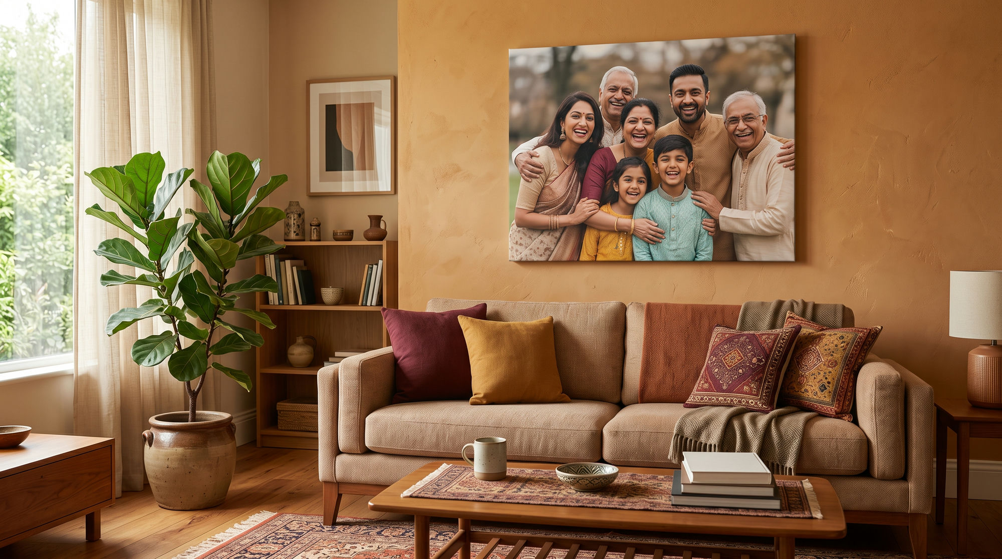 Large canvas print of a family photo above a beige sofa in a warm terracotta Indian living room