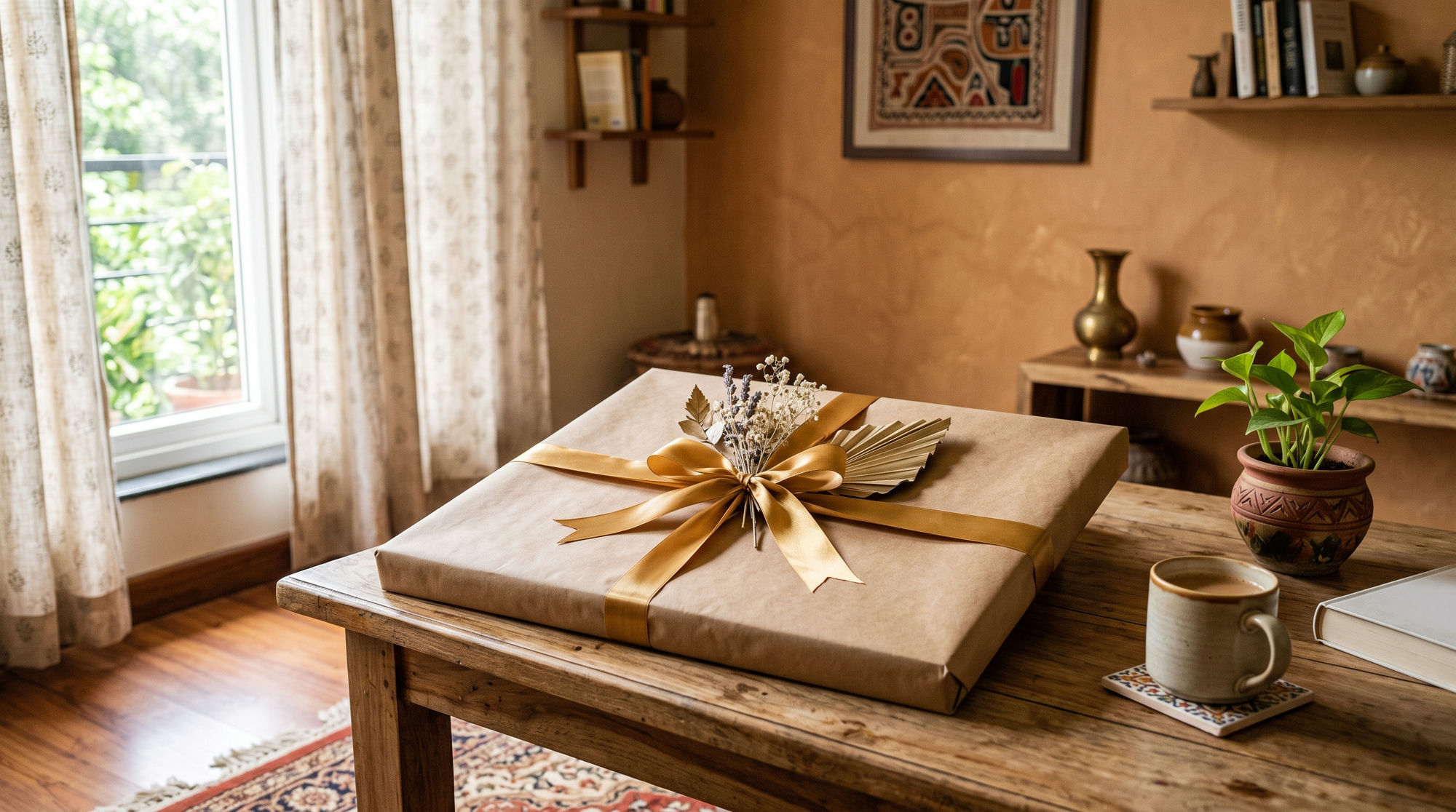 A canvas print wrapped in kraft paper with a gold ribbon on a wooden table