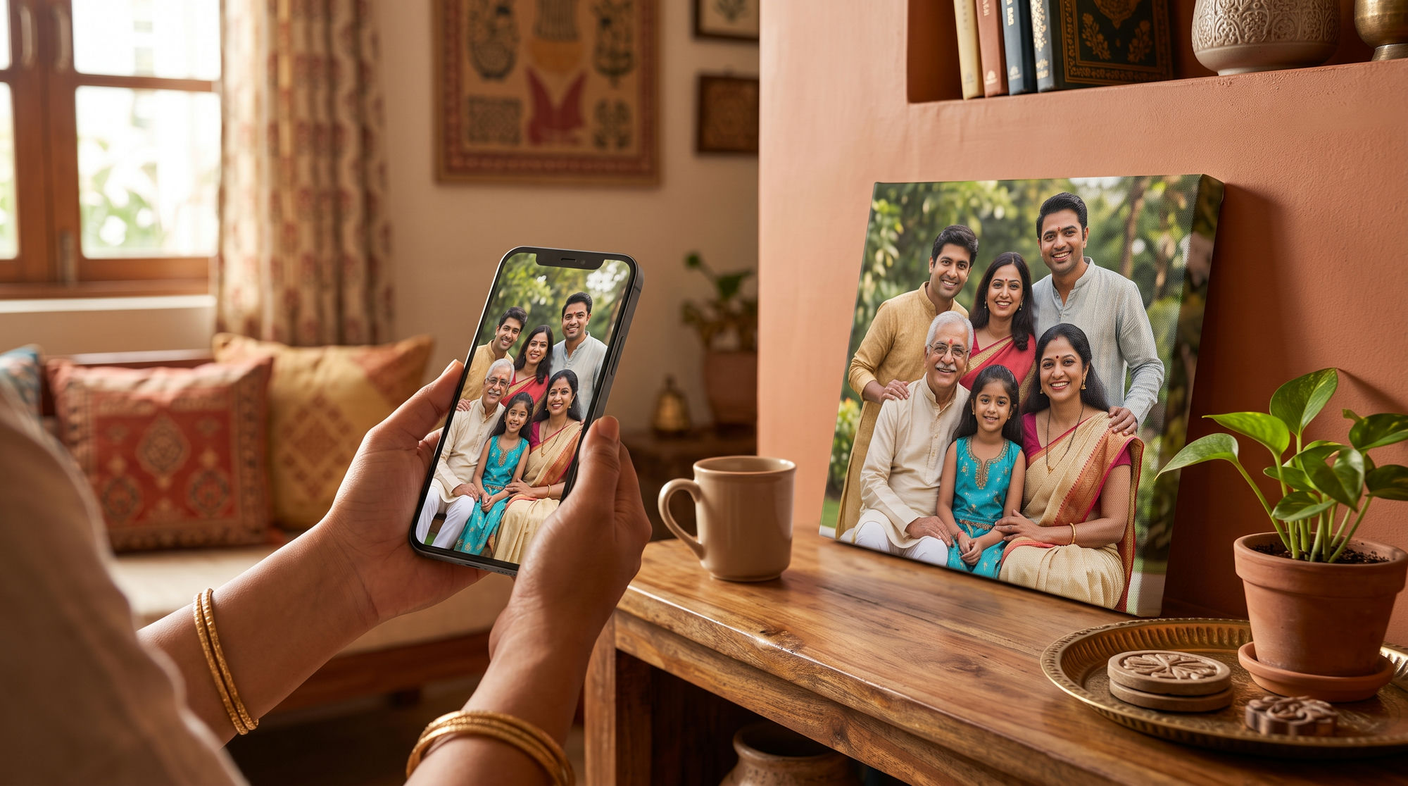 Hands holding a phone showing a family photo beside the same image printed as a wall canvas