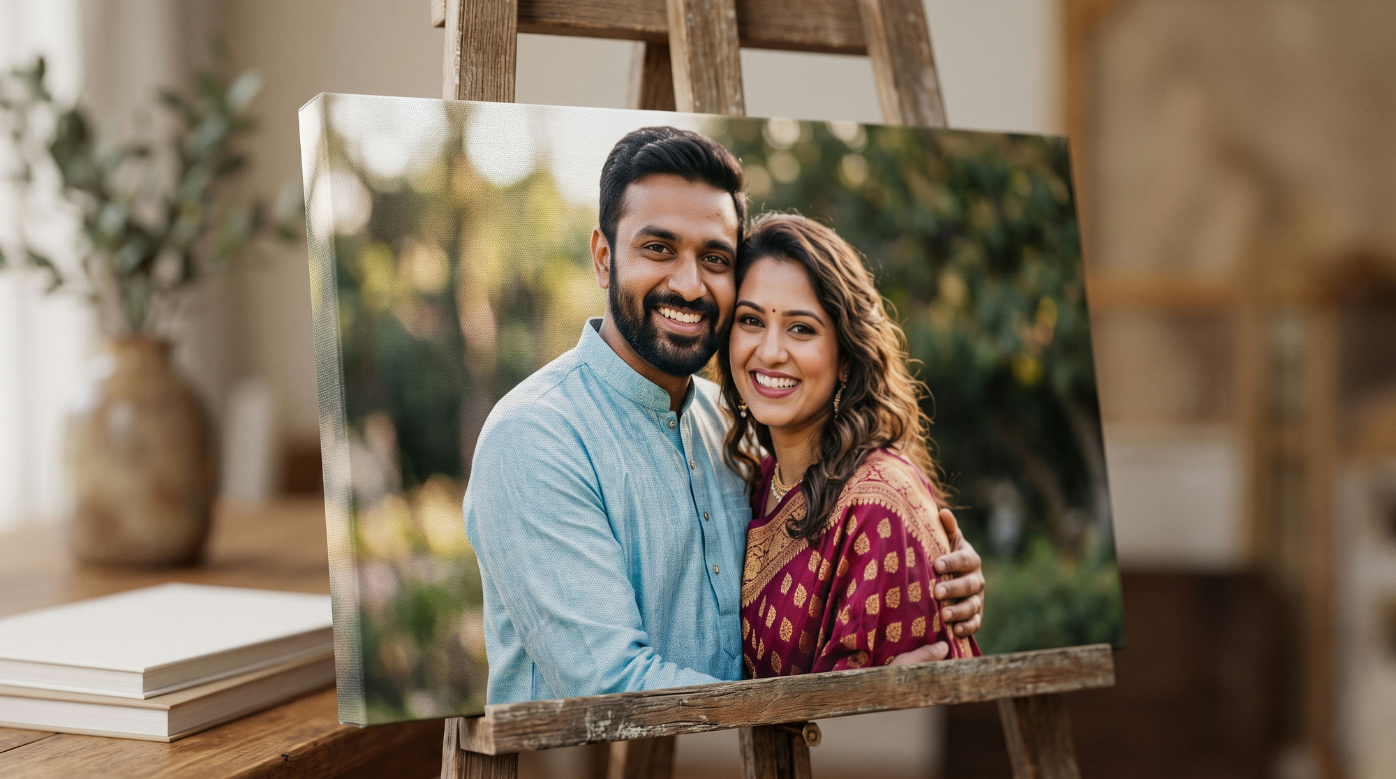 A couple’s portrait printed on canvas on a wooden easel, with sharp detail and natural colour