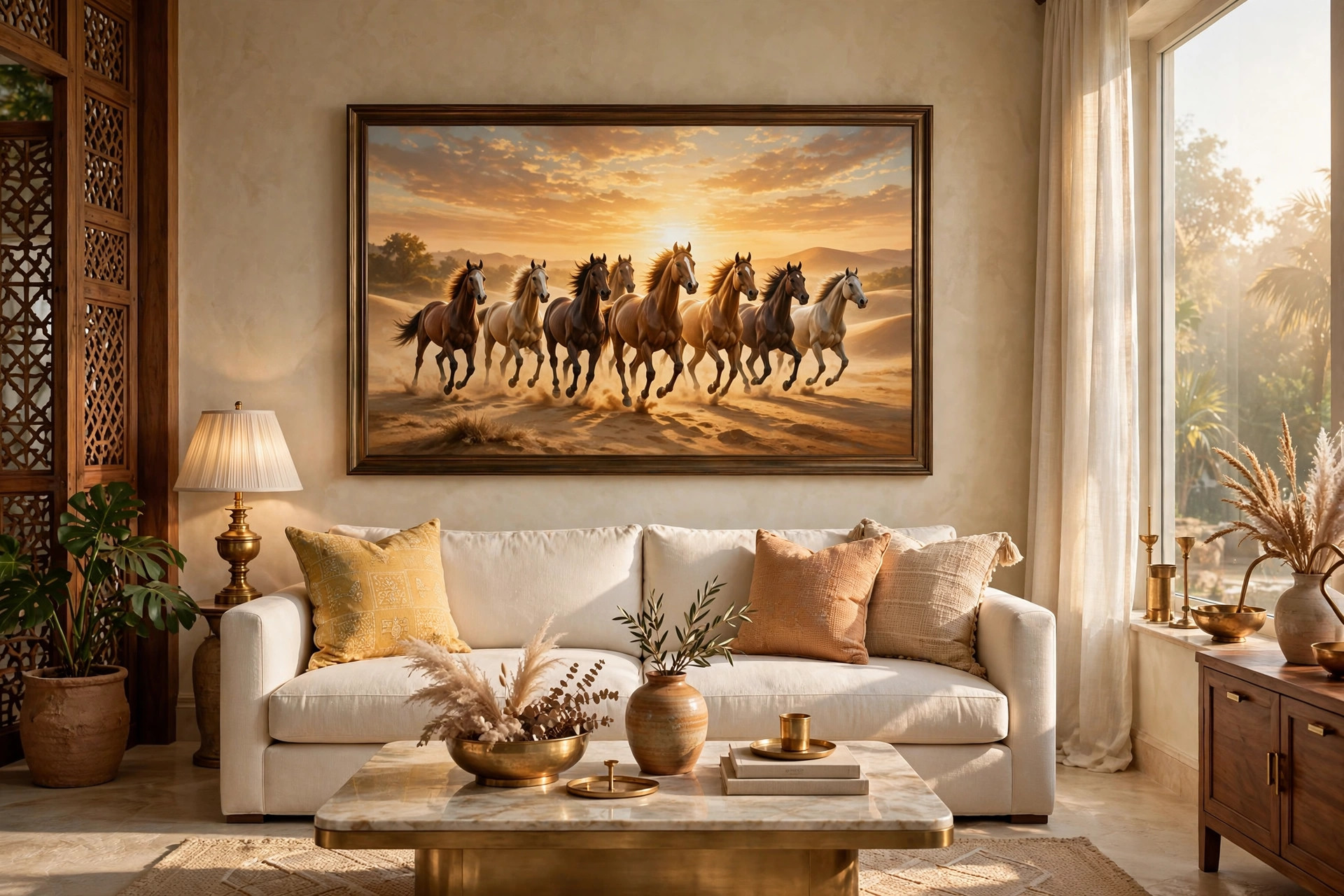 Seven galloping horses painting above a cream sofa in a warm Indian living room