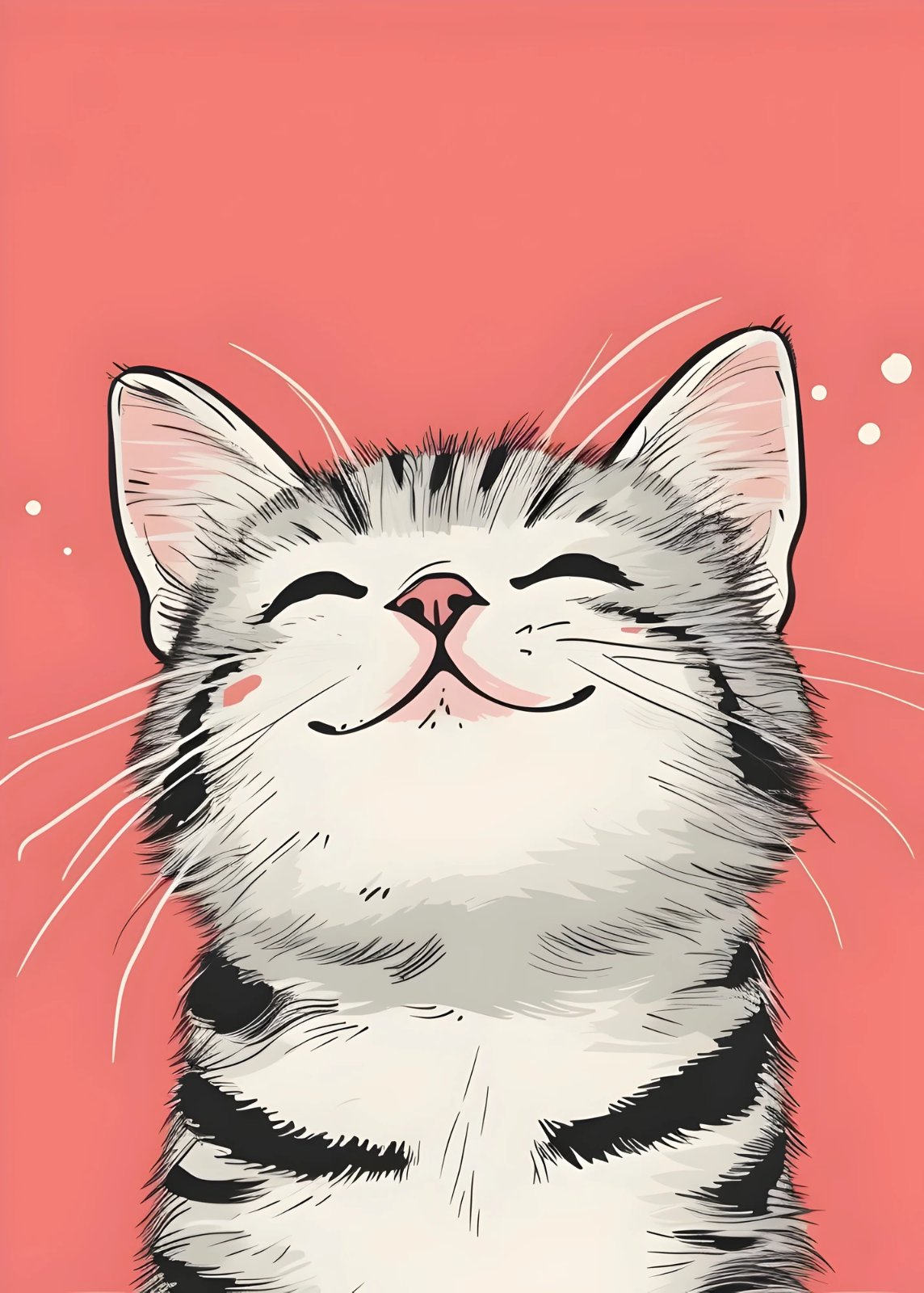 Cute Smiling Cat Poster - Modern Pink Animal Portrait - Whimsical Grey Tabby Illustration Print for Nursery, Bedroom, or Office Decor — Poster