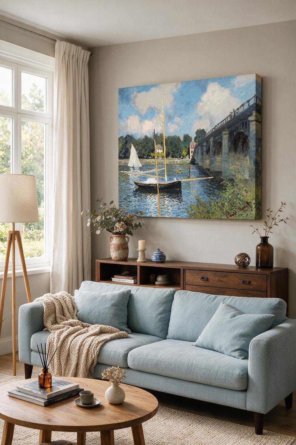 Claude Monet: The Bridge at Argenteuil Wall Art – Impressionist Landscape Canvas Print canvas print — riverside painting