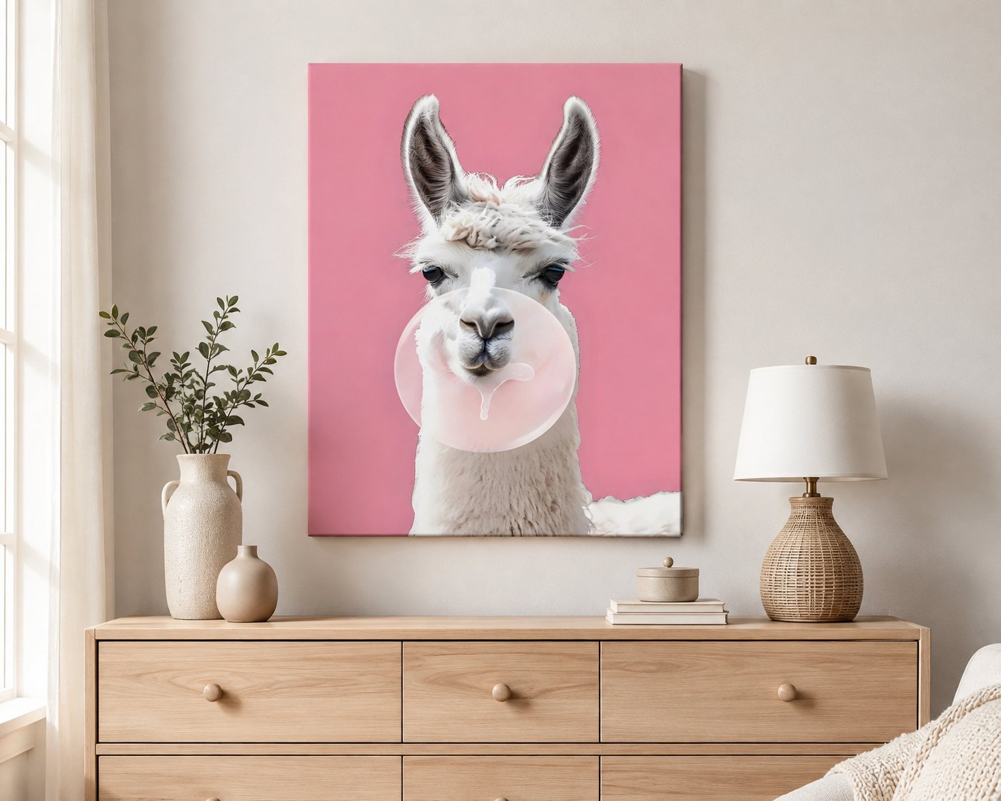 Cute Llama Bubble Gum Canvas Wall Art – Pink Animal Wall Decor for Bedroom, Dorm Room, Nursery, Coffee Shop & Modern Living Room canvas print — llama chewing gum