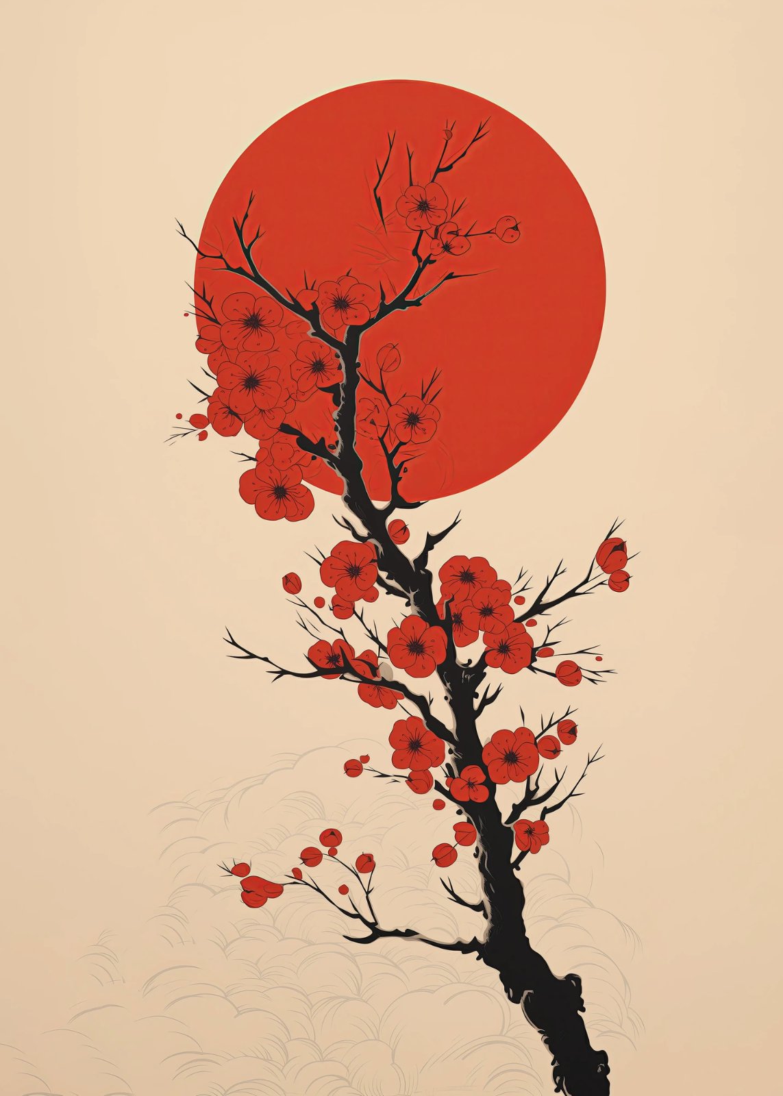 Japanese Cherry Blossom Poster – Red Sun Minimalist Zen Wall Decor | Modern Floral Poster for Living Room, Bedroom & Restaurant — Poster