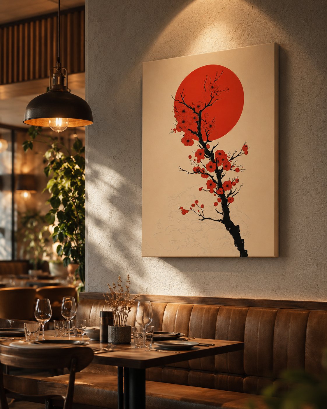 Japanese Cherry Blossom Canvas Wall Art – Red Sun Minimalist Zen Wall Decor | Modern Floral Canvas Print for Living Room, Bedroom & Restaurant canvas print — Japanese cherry blossom