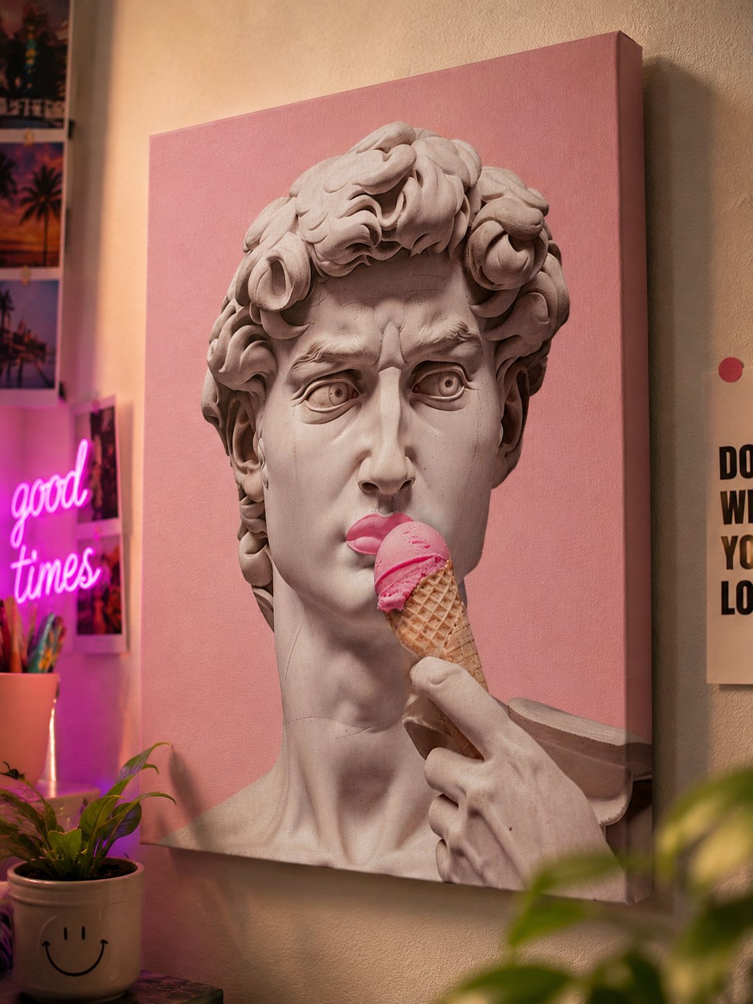 David Ice Cream Pop Art Canvas Wall Art | Modern Pink Aesthetic Gallery Wrapped Canvas for Bedroom, Dorm & Living Room canvas print — David statue decor