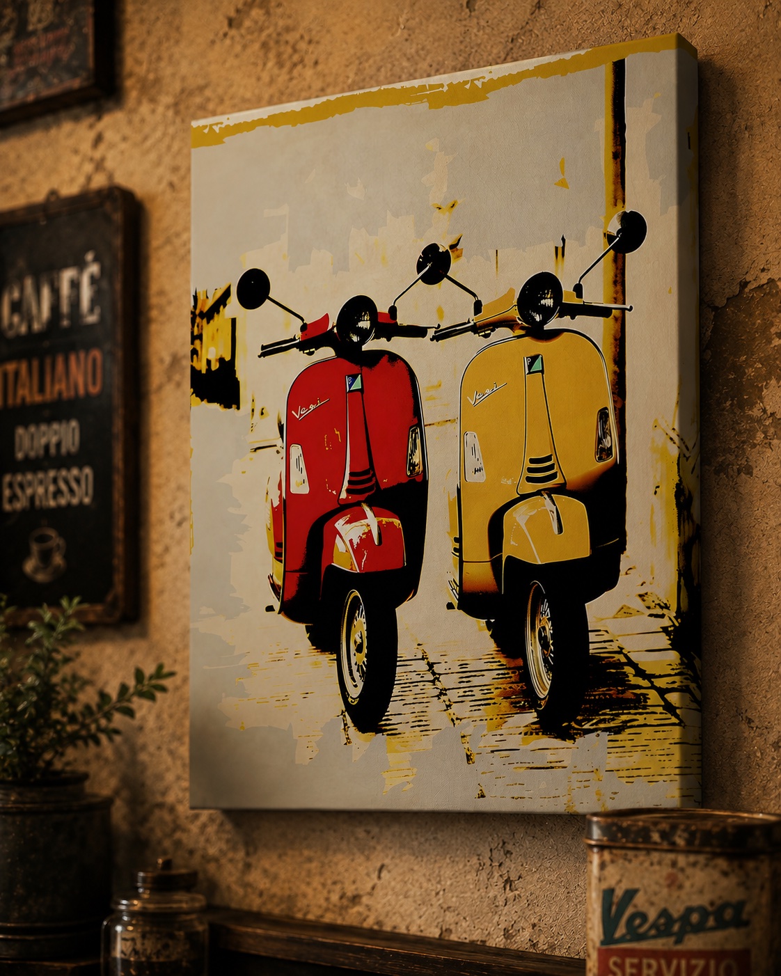 Vintage Vespa Scooter Canvas Wall Art – Retro Italian Café Style Canvas Print | Modern Pop Art Wall Decor for Living Room, Café & Office canvas print — retro scooter decor