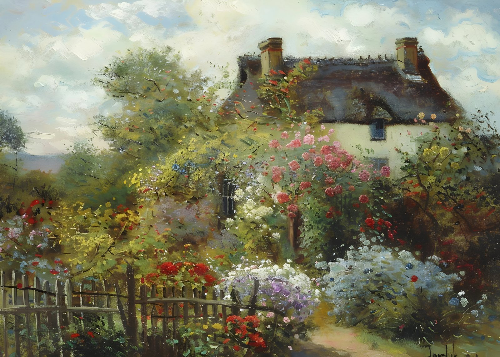 Vintage Cottage Garden Poster – Impressionist Floral Landscape Painting for Living Room, Bedroom & Farmhouse Decor — Poster