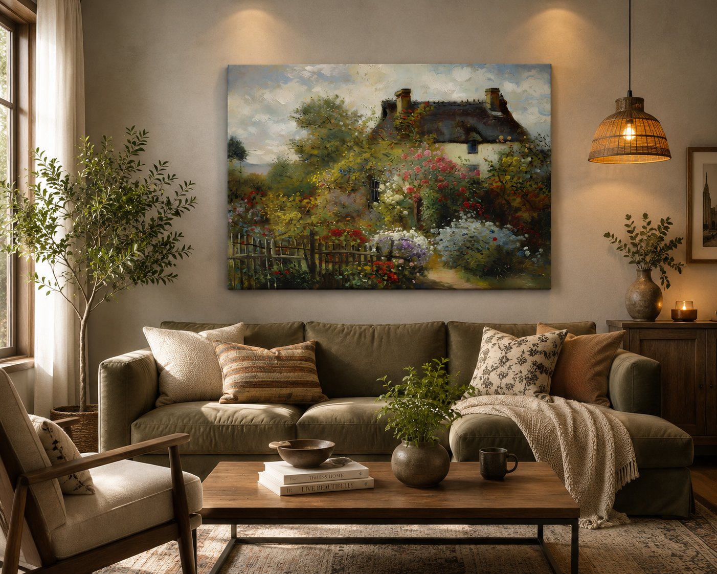 Vintage Cottage Garden Canvas Wall Art – Impressionist Floral Landscape Painting for Living Room, Bedroom & Farmhouse Decor canvas print — cottagecore decor