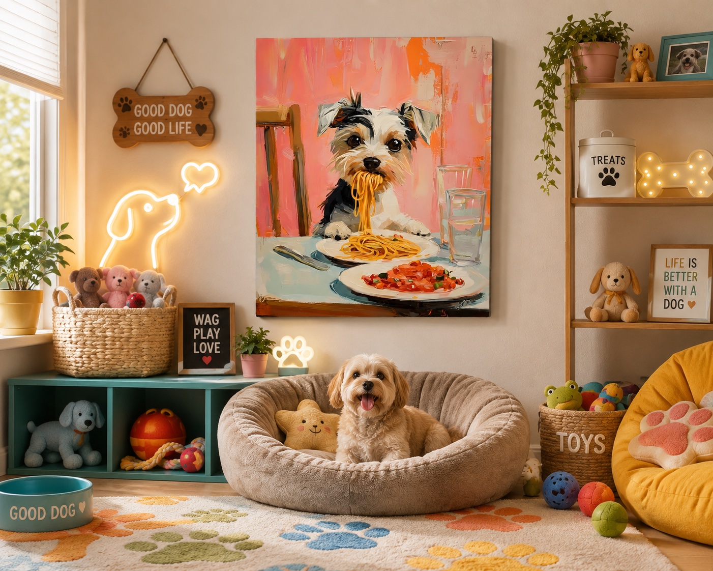 Cute Dog Eating Spaghetti Canvas Wall Art | Whimsical Pet Kitchen Decor | Colorful Dog Lover Wall Painting canvas print