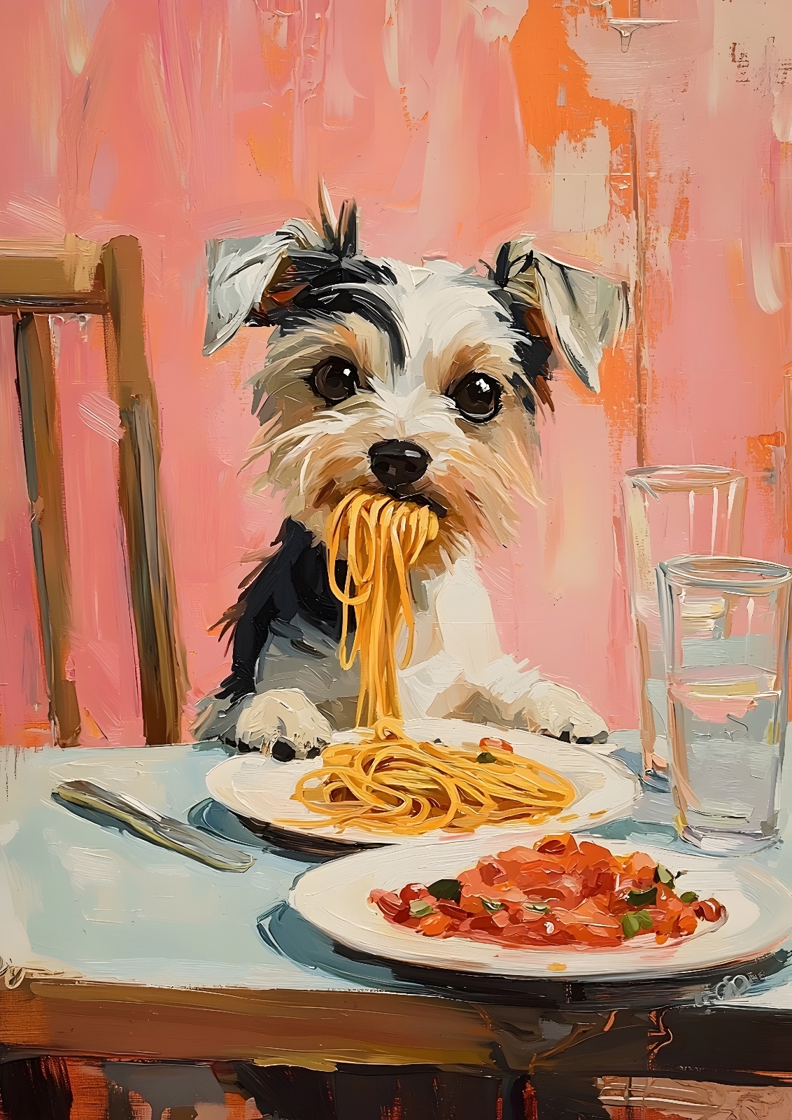 Cute Dog Eating Spaghetti Poster | Whimsical Pet Kitchen Decor | Colorful Dog Lover Wall Painting — Poster