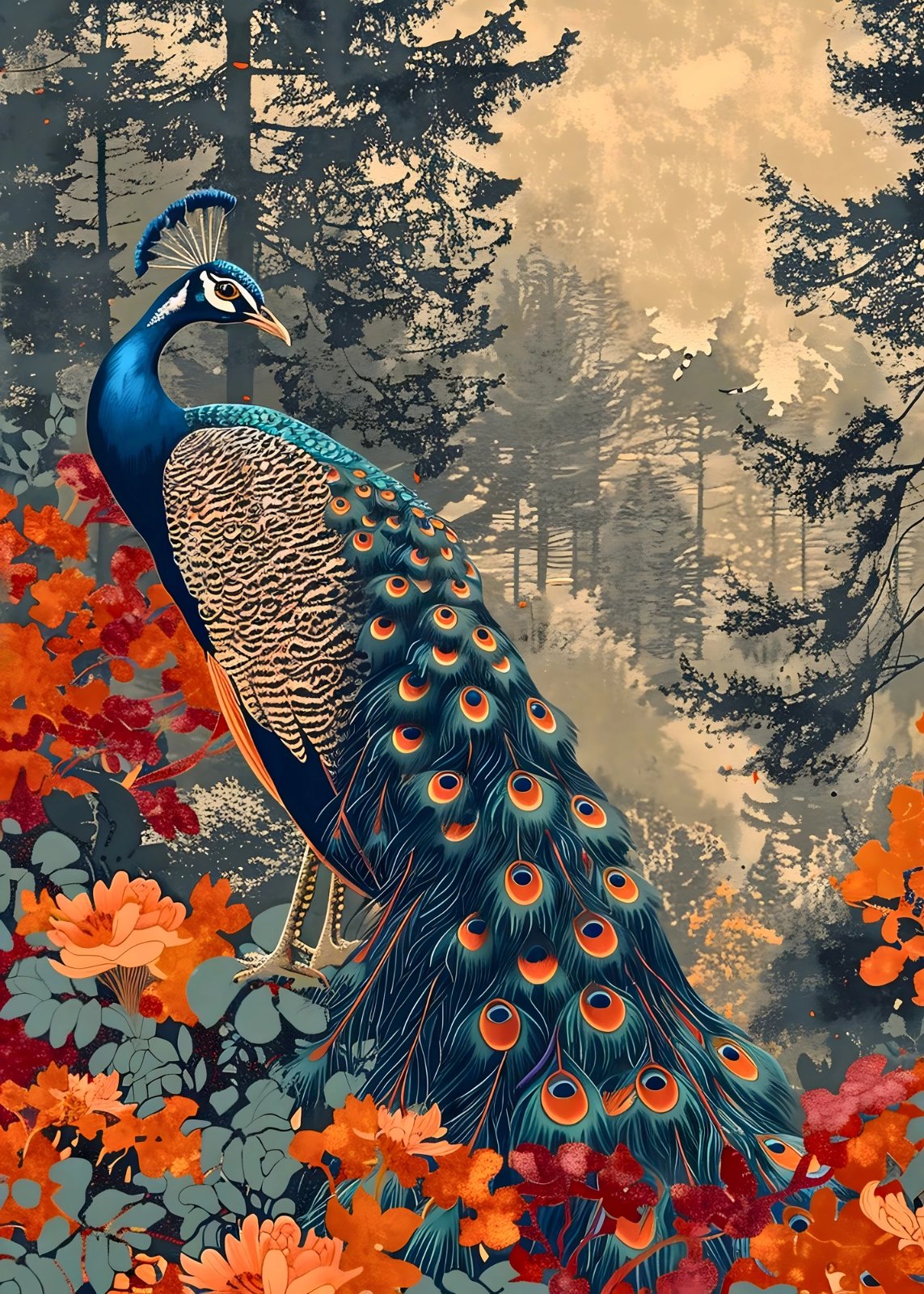 Majestic Peacock in Enchanted Forest Poster – Vibrant Nature Poster for Living Room Decor — Poster