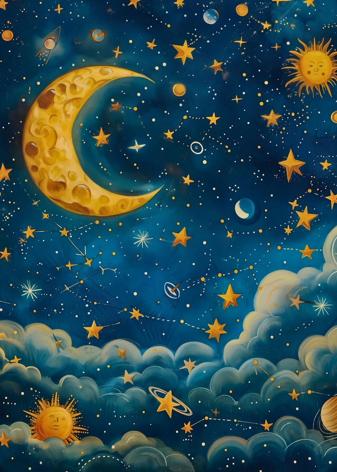 Moon and Stars Poster – Blue Celestial Poster – Sun and Night Sky Poster – Astronomy Inspired Home Decor — Poster