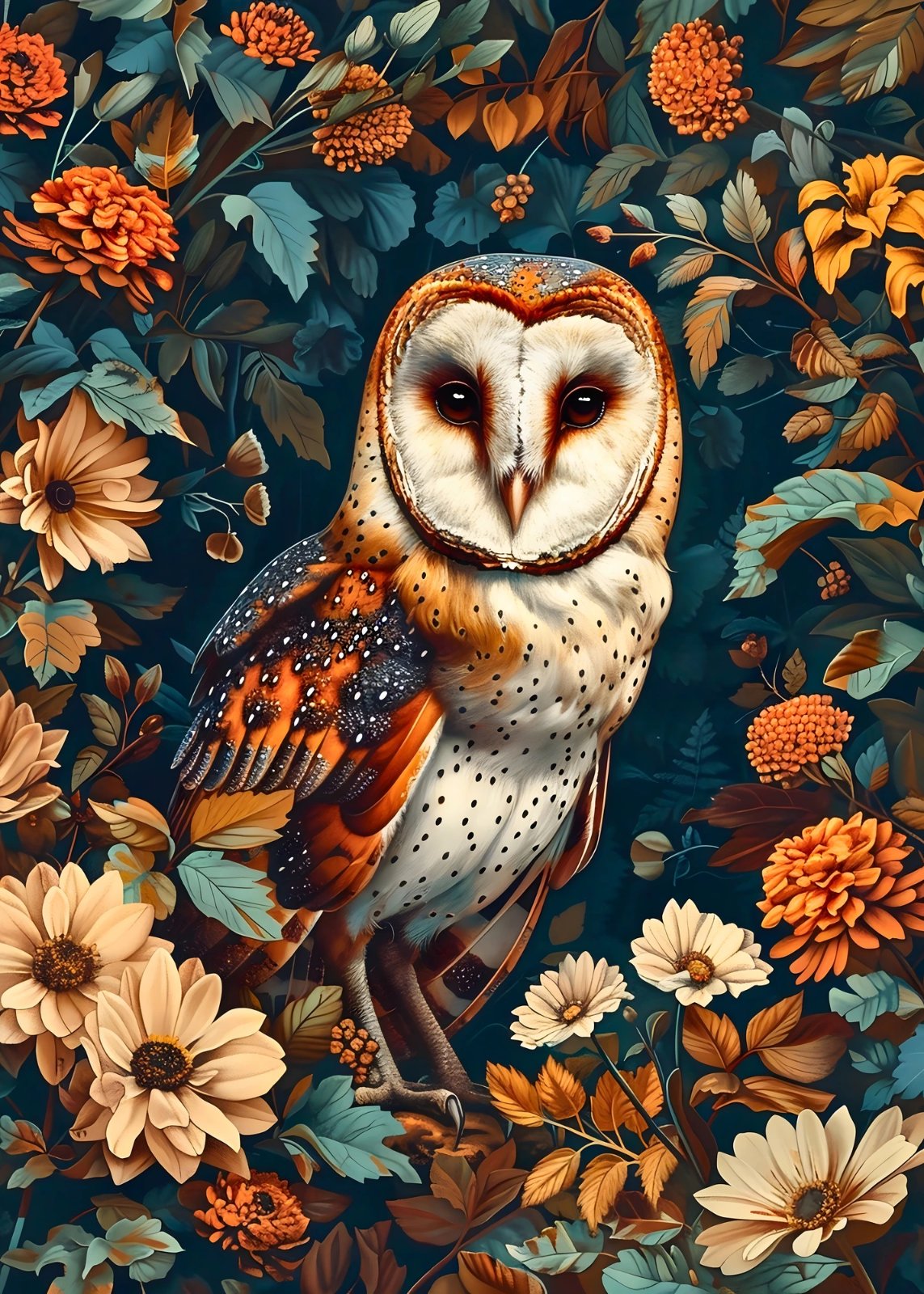 Barn Owl Poster – Autumn Floral Bird Wall Decor – Exotic Wildlife Poster – Housewarming Gift — Poster