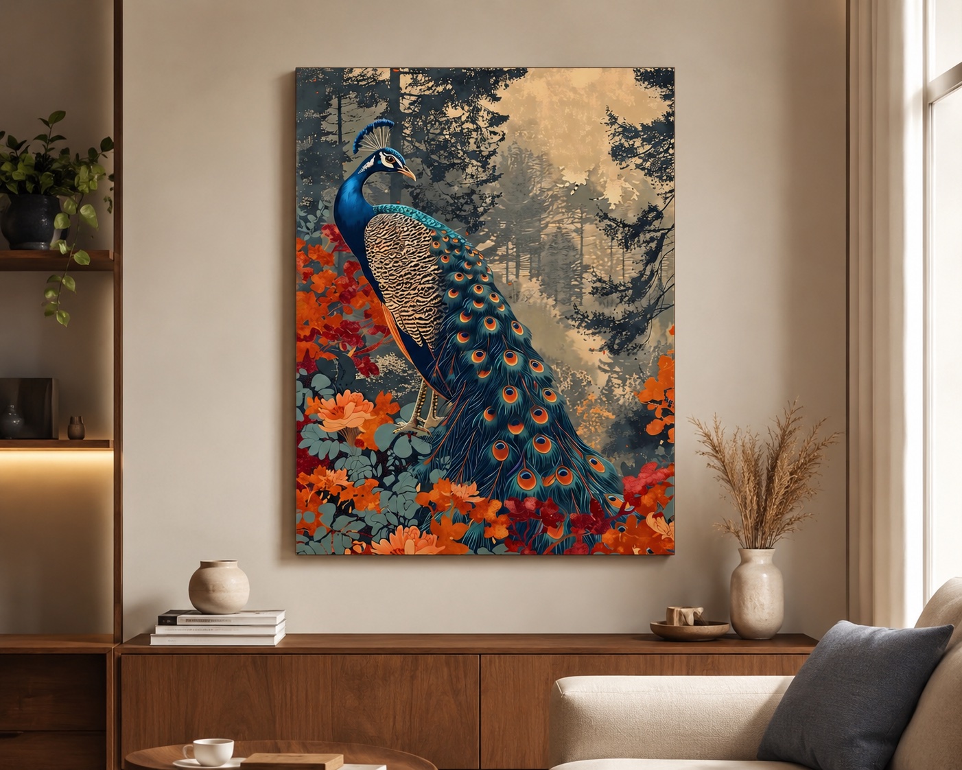 Majestic Peacock in Enchanted Forest Wall Art – Vibrant Nature Poster for Living Room Decor canvas print
