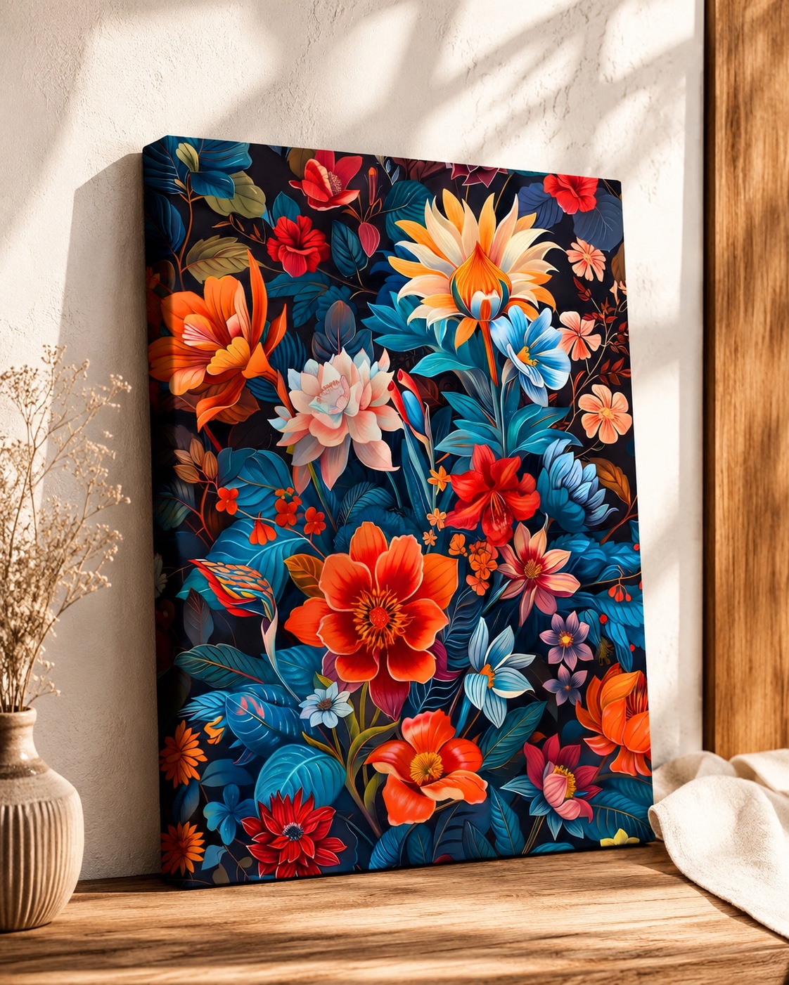 Colorful Boho Floral Wall Art – Abstract Botanical Canvas Print – Trendy Apartment Decor & Housewarming Gift canvas print