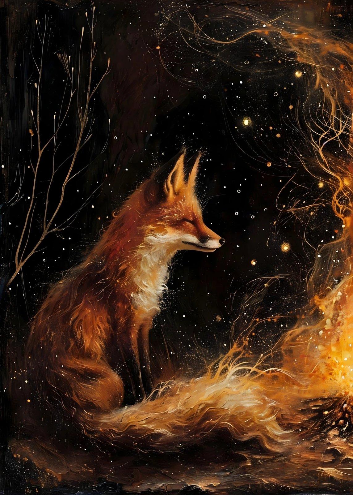 Cozy Red Fox Bonfire Poster – Enchanted Forest Night Sky Poster – Warm Fireplace Decor for Living Room — Poster