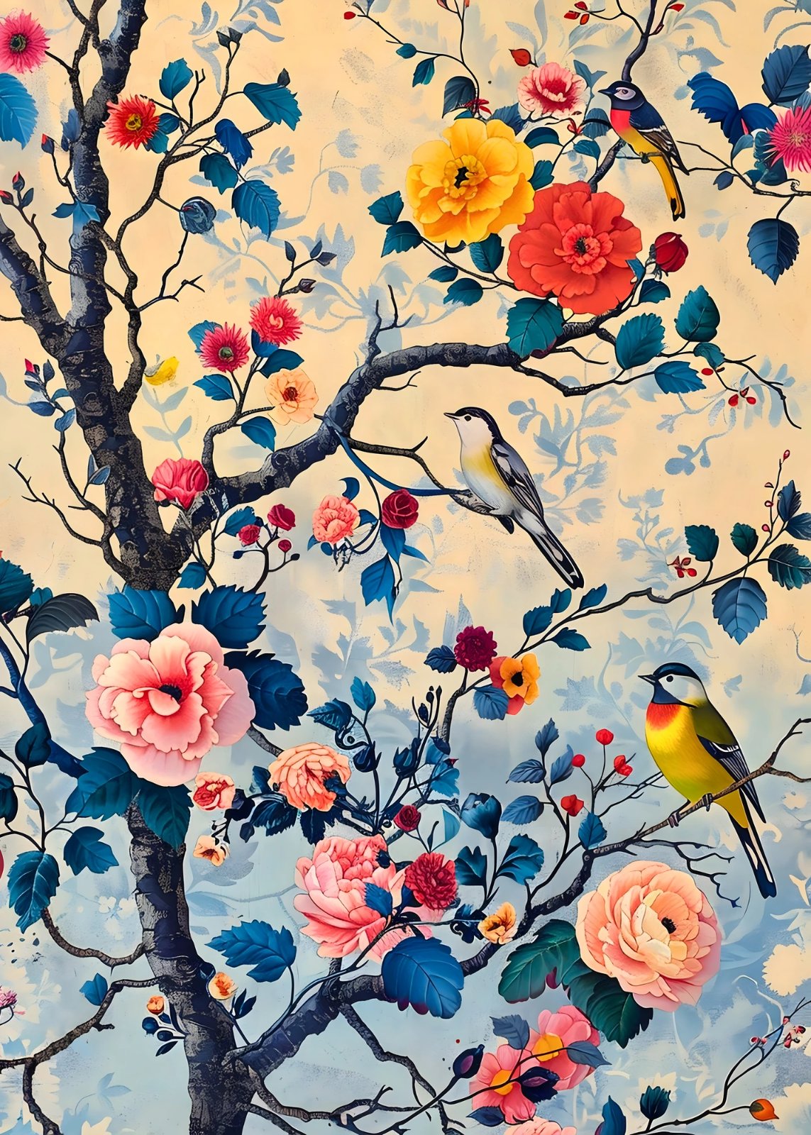 Colorful Bird and Flower Poster – Botanical Nature Poster – Floral Tree Poster – Unique Housewarming Gift for Bird Lovers — Poster